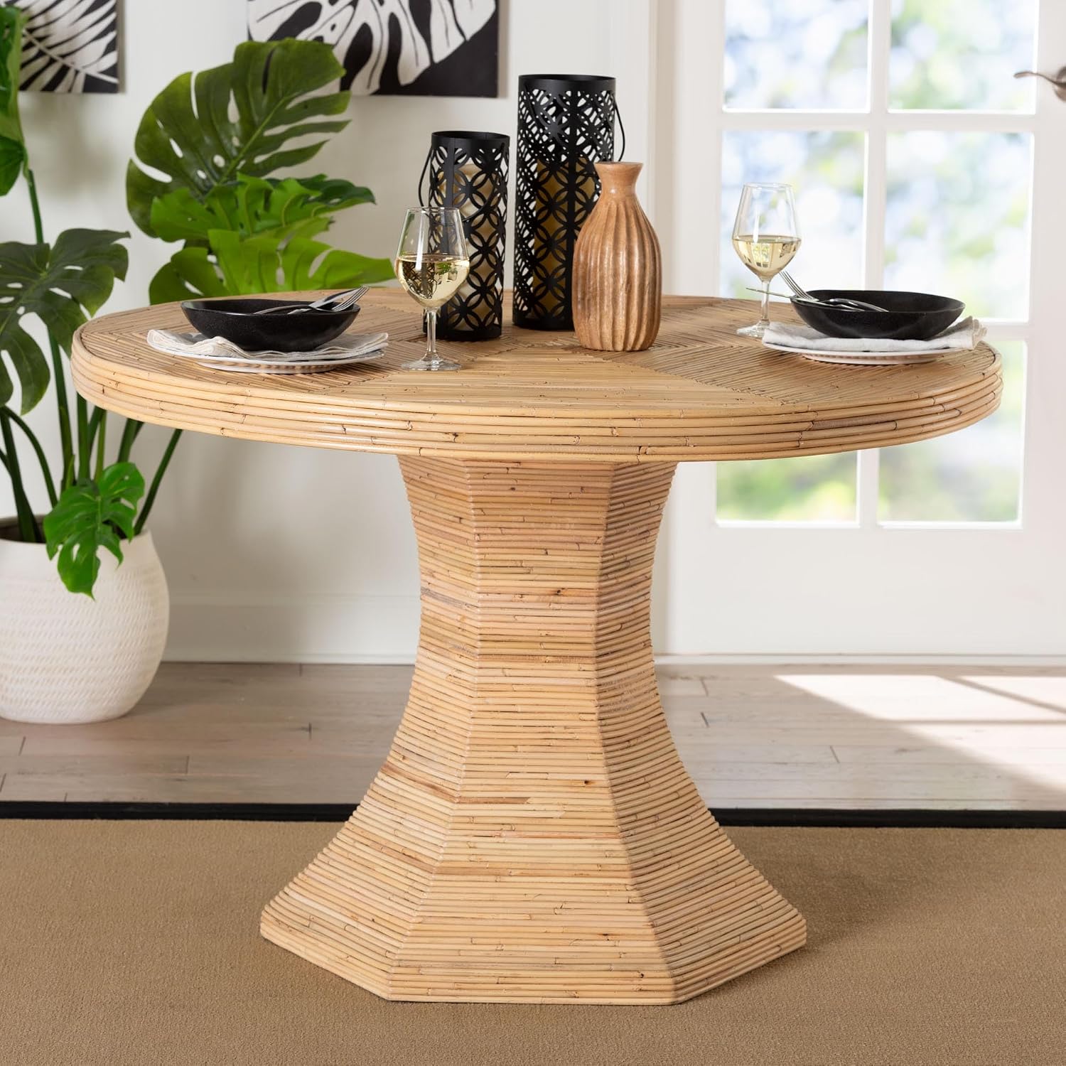 Bali & pari Benito Natural Rattan Dining Table - Handcrafted Wicker Table with Hourglass Pedestal Base for Kitchen, Dining Room, or Breakfast Nook