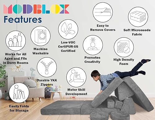 Miniatura 4 de Mod Blox Sofá modular suave de 10 piezas para niños y niñas, sofá seccional de construcción de fuertes para niños pequeños con fundas de microgamuza
