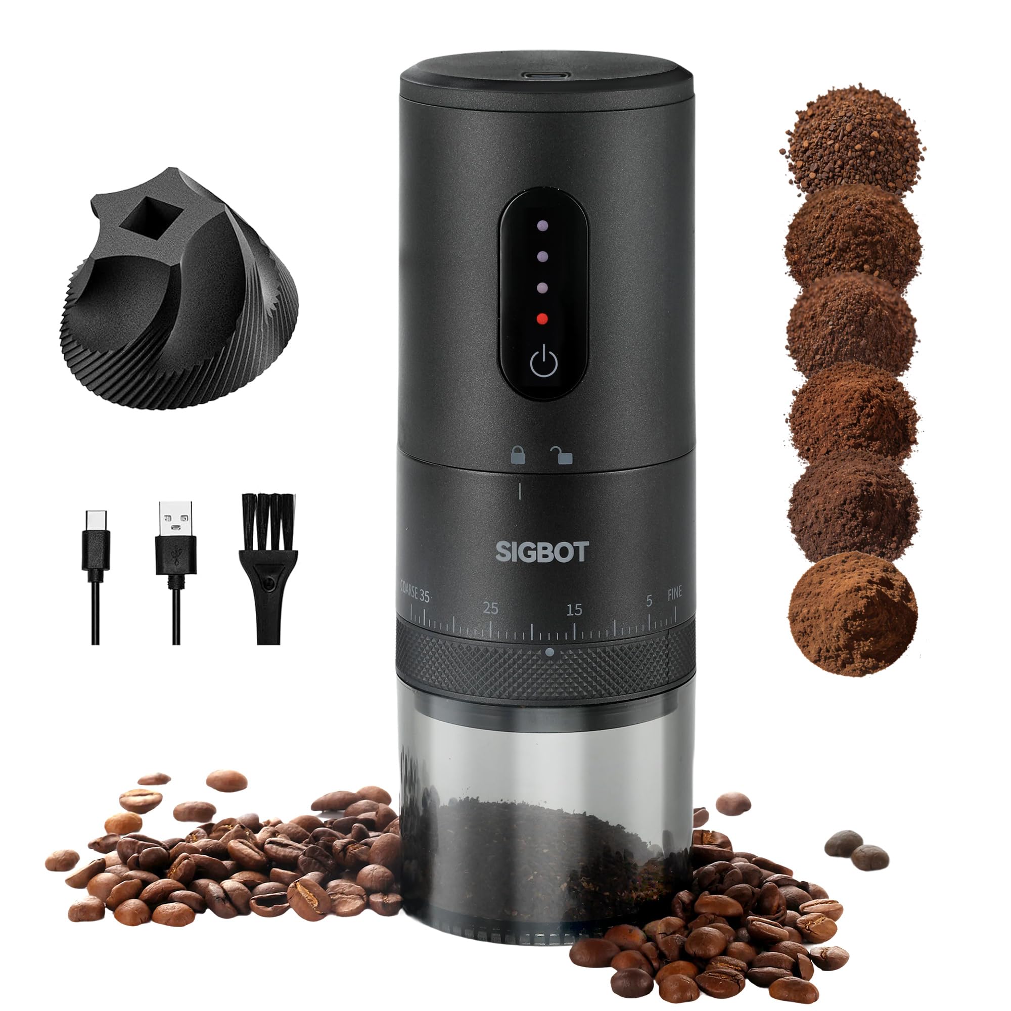 Sigbot Macina Caffè Ceramica - Macina Caffè Conico Ceramica 38 Impostazioni di Macinatura Batteria da 2000 mAh con Cavo di Ricarica Type-C Ideale per Viaggi Campeggio Ufficio e Casa