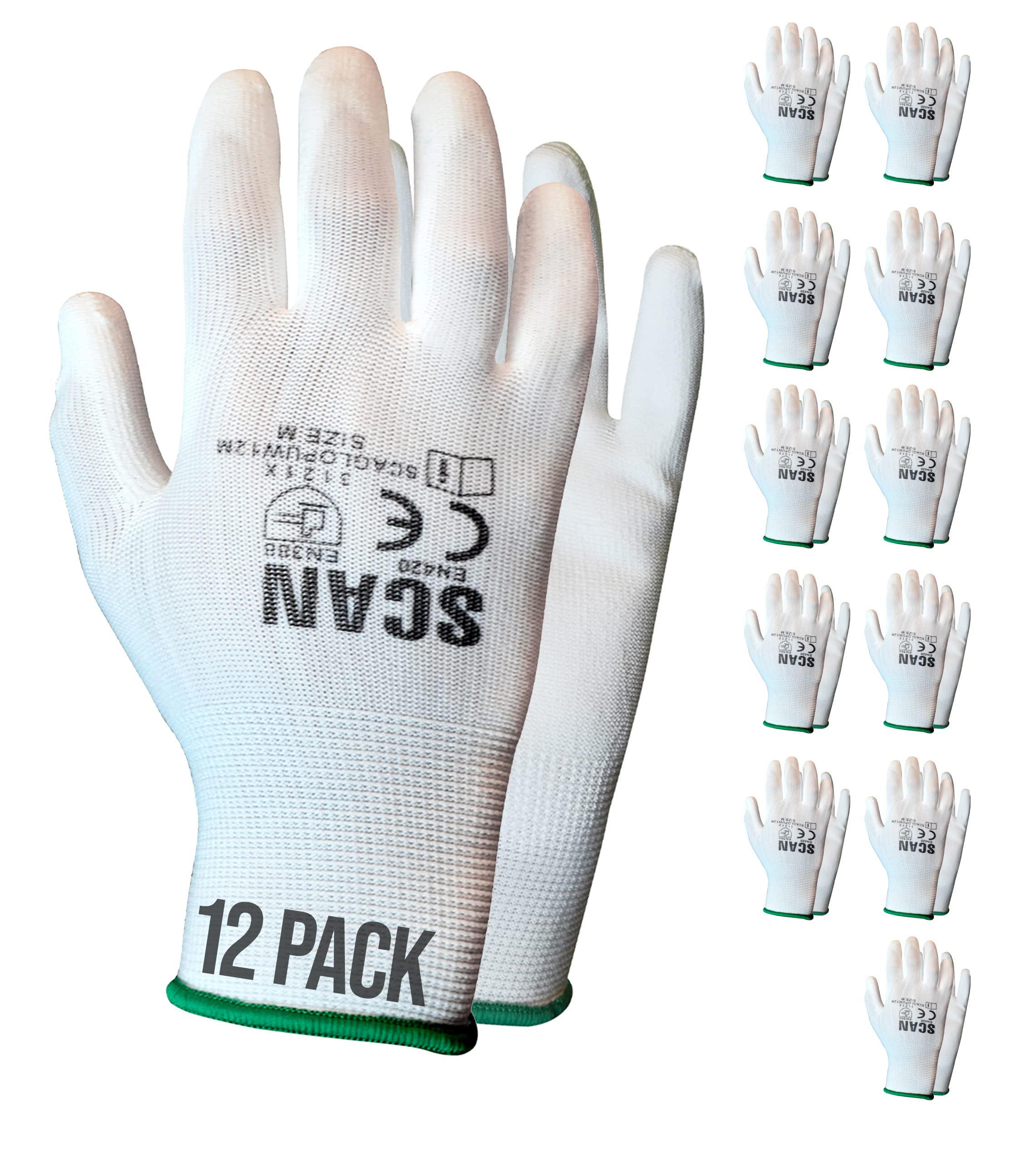 Scan 5004W White PU Coated Gloves - M (Size 8) (Pack 12)