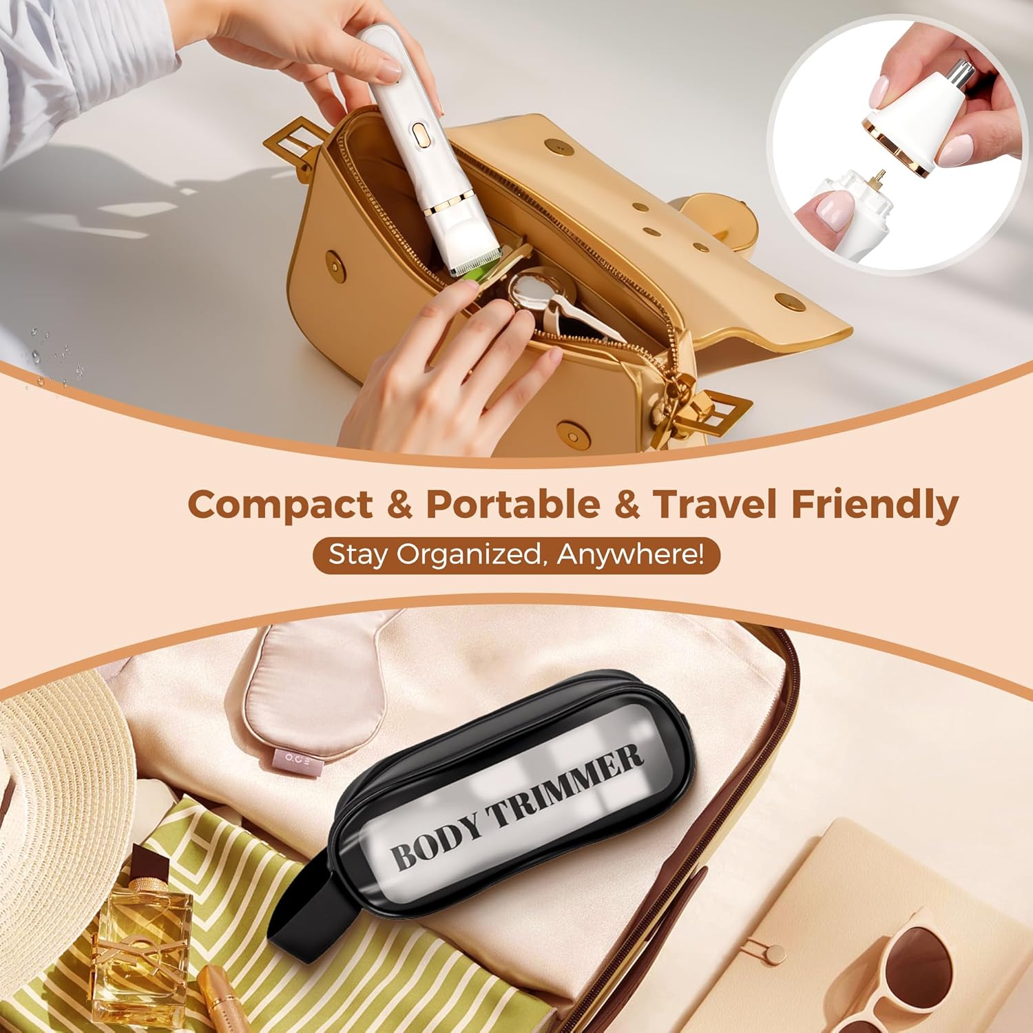 Bikini Trimmer for Women, 5-in-1 Waterproof Electric Razors for Women, Rechargeable Pubic Hair Trimmer, Electric Shaver with Travel Pouch, Body Shaver for Private Area Underarm Leg Face Nose, White