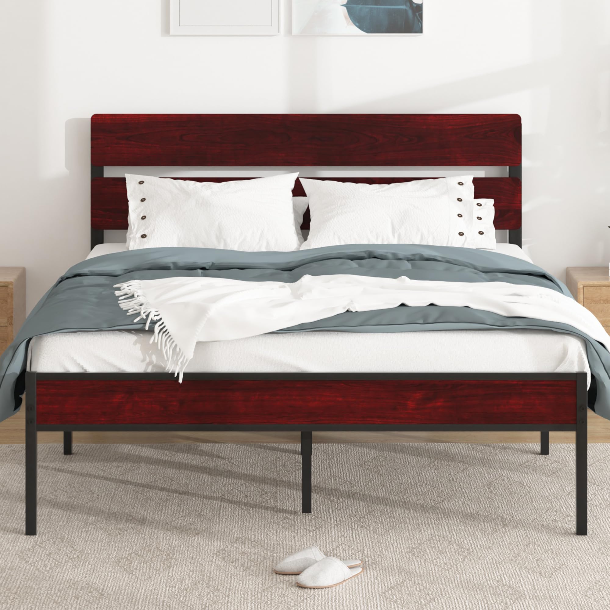 VECELO Metal Platform Full Bed Frame with Wooden Headboard,Sturdy Steel Slats Support/Matress Foudation/No Box Spring Needed(Minimalist)