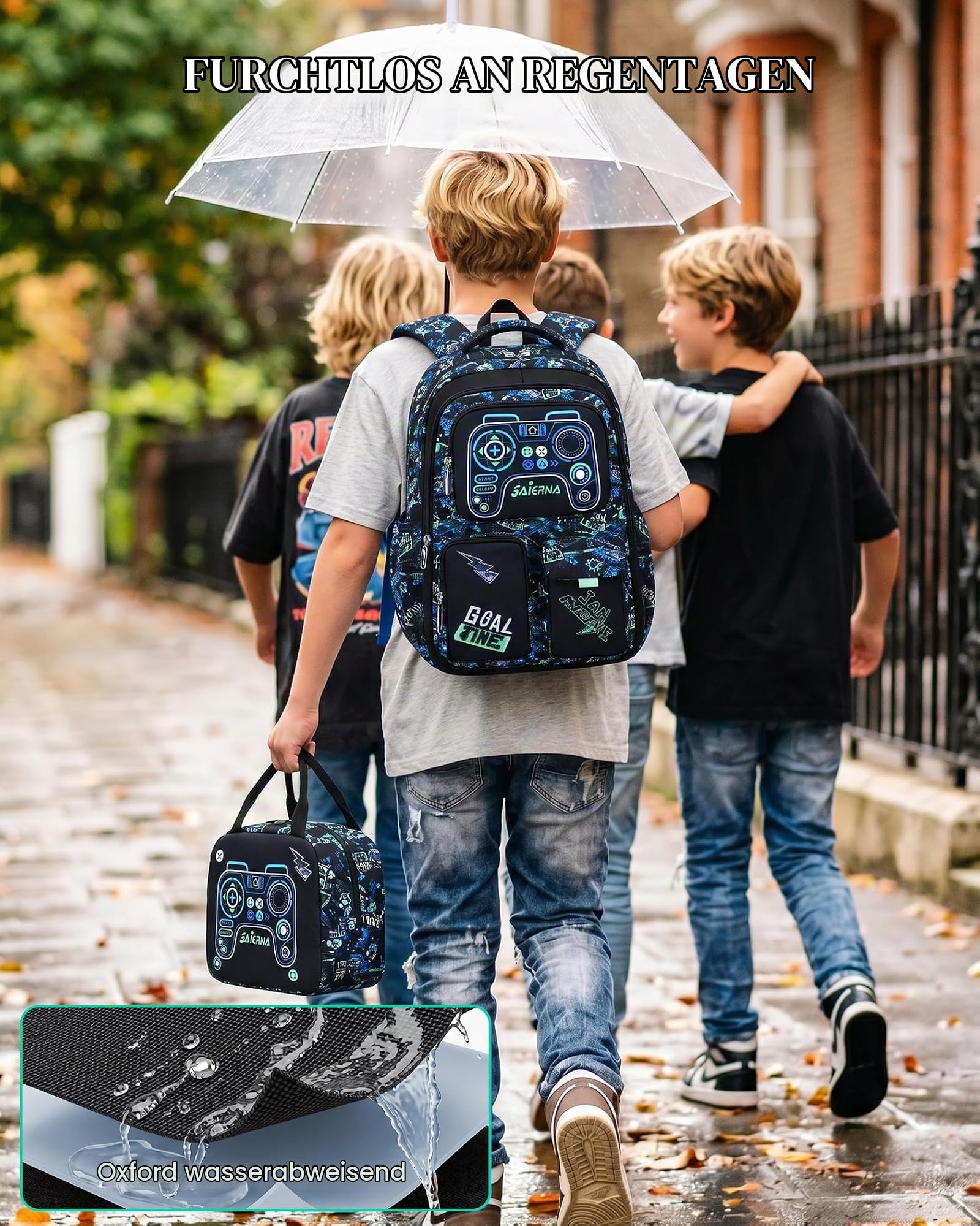 Amythe Schulranzen Jungen 3. bis 9. Klasse 3-teilig Brustgurt Set, Schwarz | Wasserdicht Laptopfach 3-teilig Groß Schwarz Daypack Multitasche Geräumig Robust für Schule Reisen Wandern Freizeit