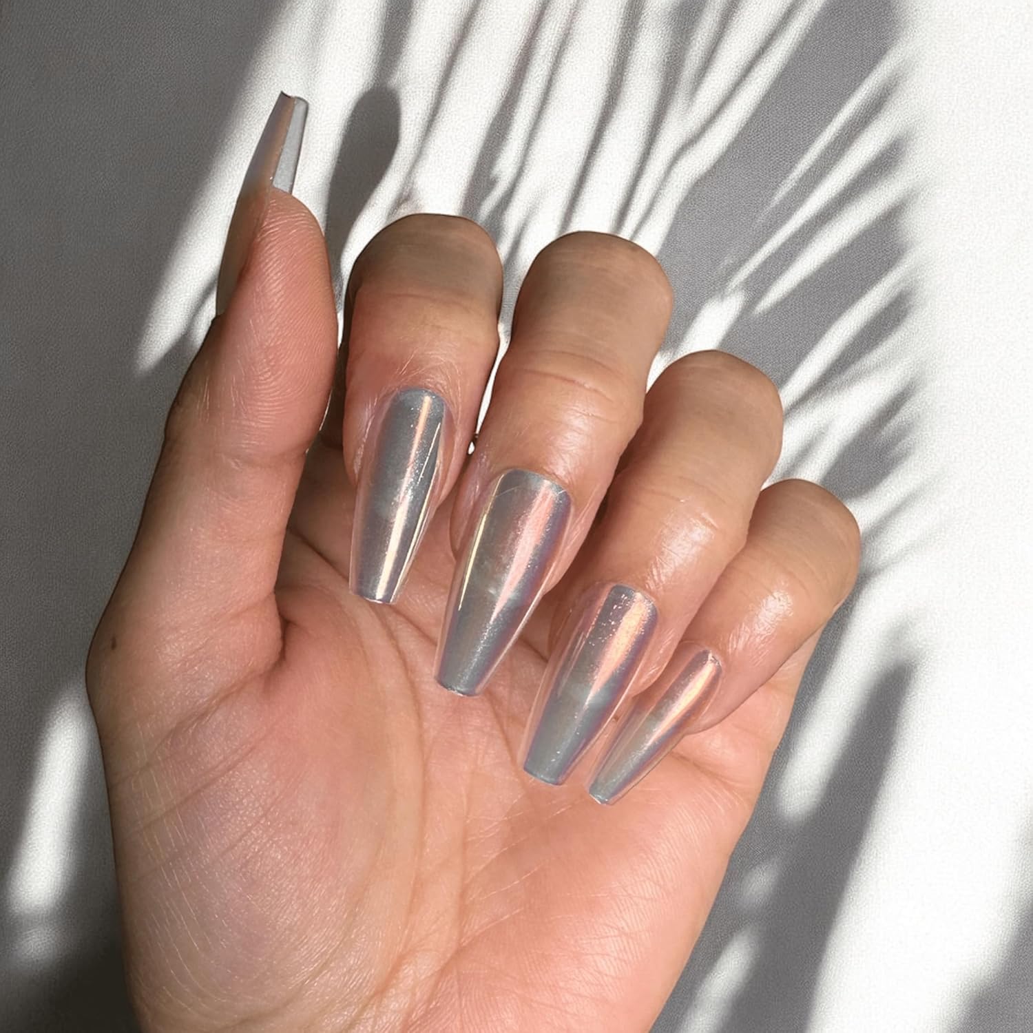 Maniology Press-On Nails, Reusable False Nail Tips, Classic and Timeless Manicures (Iridescent Clear, Medium Coffin)