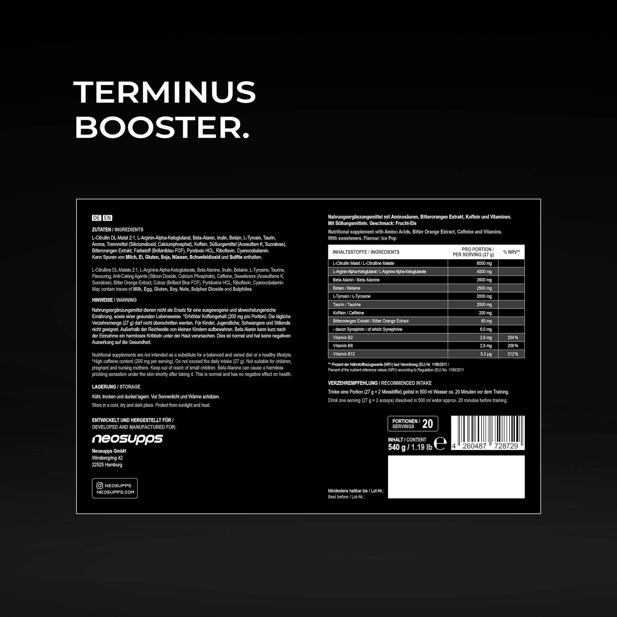NEOSUPPS Pre Workout Booster Terminus XXL Ice Pop 540g, Fitness & Gym, Pre Workout Booster vegan, Pump & Fokus, geprüfte Qualität, 8.000 mg L-Citrullin, 20 Portionen