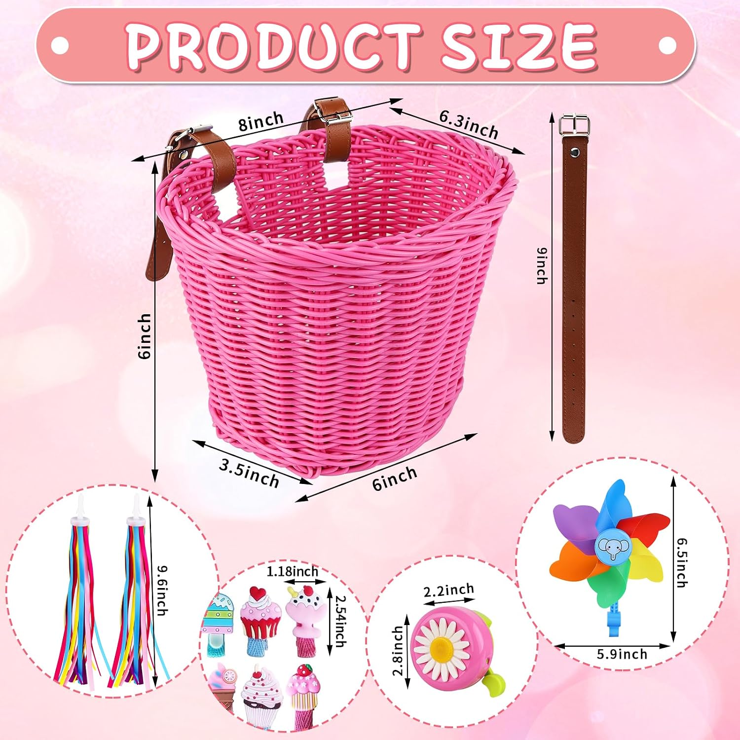 Kids Bike Basket, Detachable Bike Basket for Girls with Colorful Bicycle Streamers, Bicycle Bell, Windmill, Wheel Beads