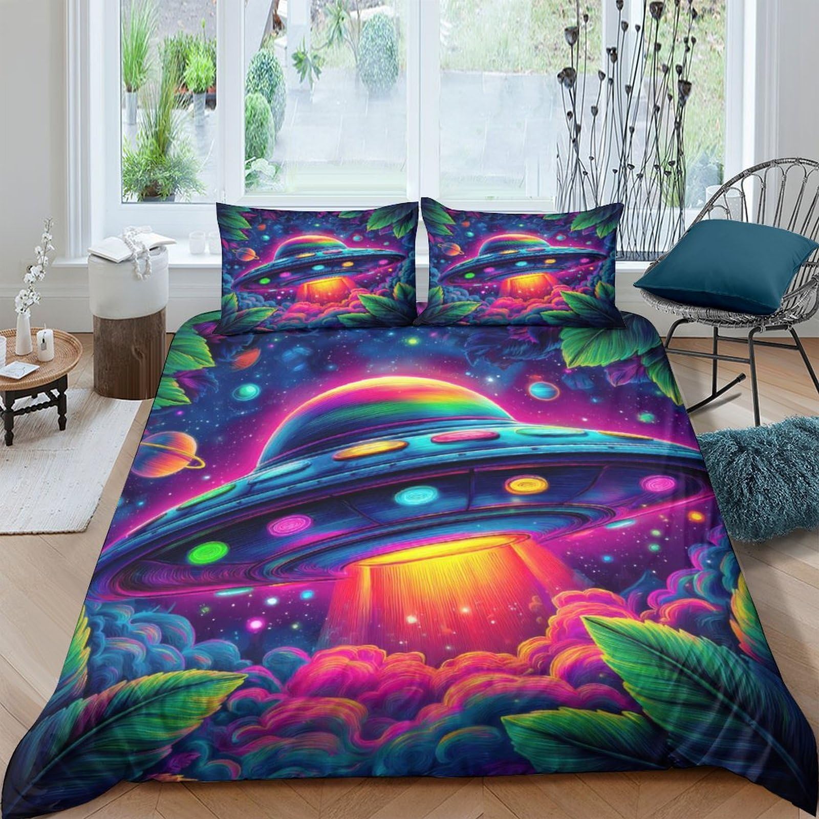 Ctjqhvkz Style-8 3D Printed Neon Ufo Fitted Sheet Microfiber Soft Breathable Psychedelic Space Mattress Cover For Bedroom Dorm Decor Single（135X200cm）