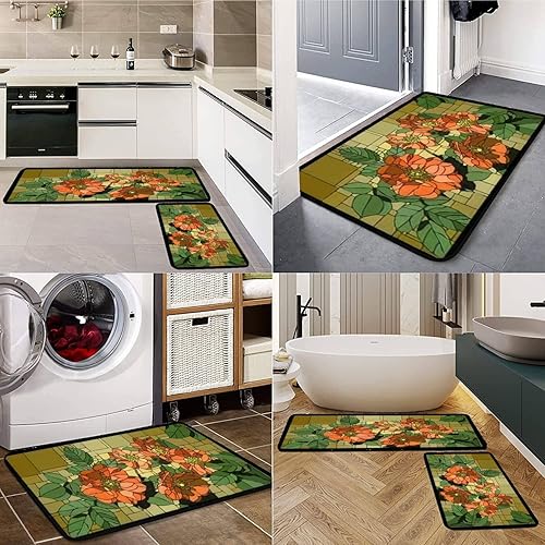 Miniatura 4 de Kitchen Rugs Set Angular Mosaic Blooming Dog Rose Buds Stained Glass Window Frame Kitchen Mat for Floor Non-Slip Washable Kitchen Runner Doormat