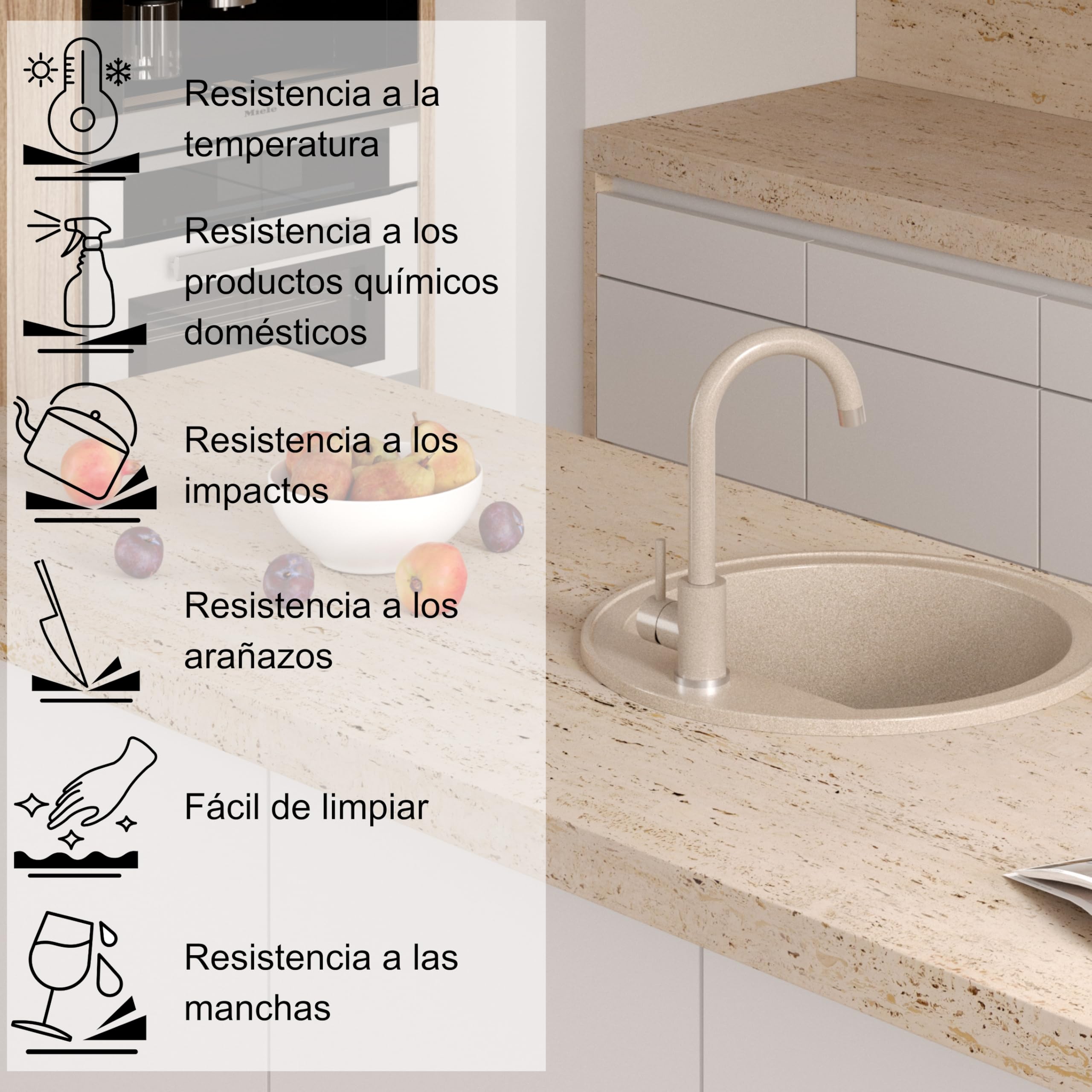 QUADRON fregadero de cocina redondo | tamaño 51 x 51 x 18 cm, diámetro 43, beige y acero | fregadero de granito JOHNNY 210 | fregadero empotrado con orificio para grifo | fregadero de un seno