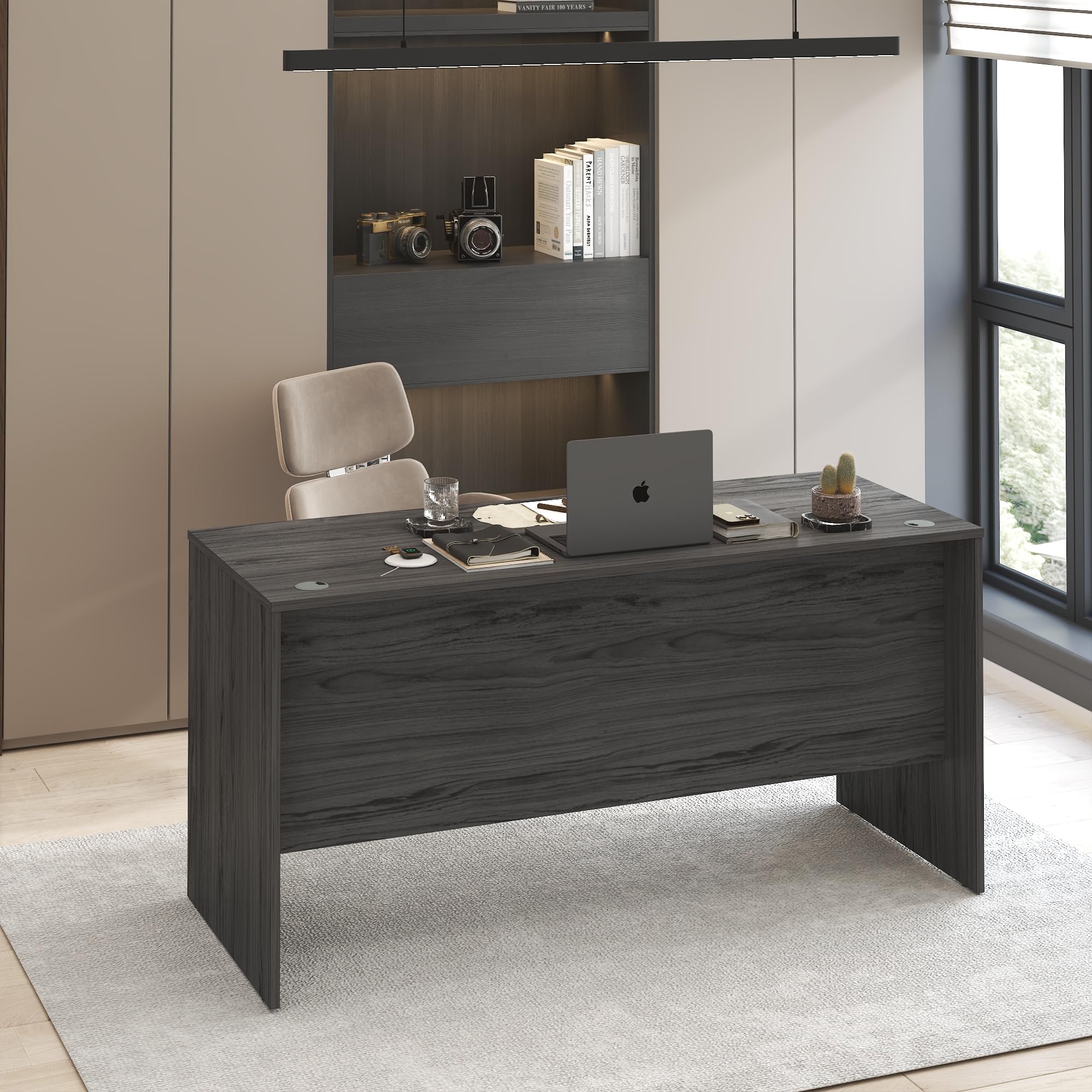 Furinno Roger Computer Desk, 60 Inch Rectangular Executive Desk with Modesty Panel, Home Office Desk with Thick Tabletop, Scratchproof, Credenza, for Home Study, Office, Coastal Grey