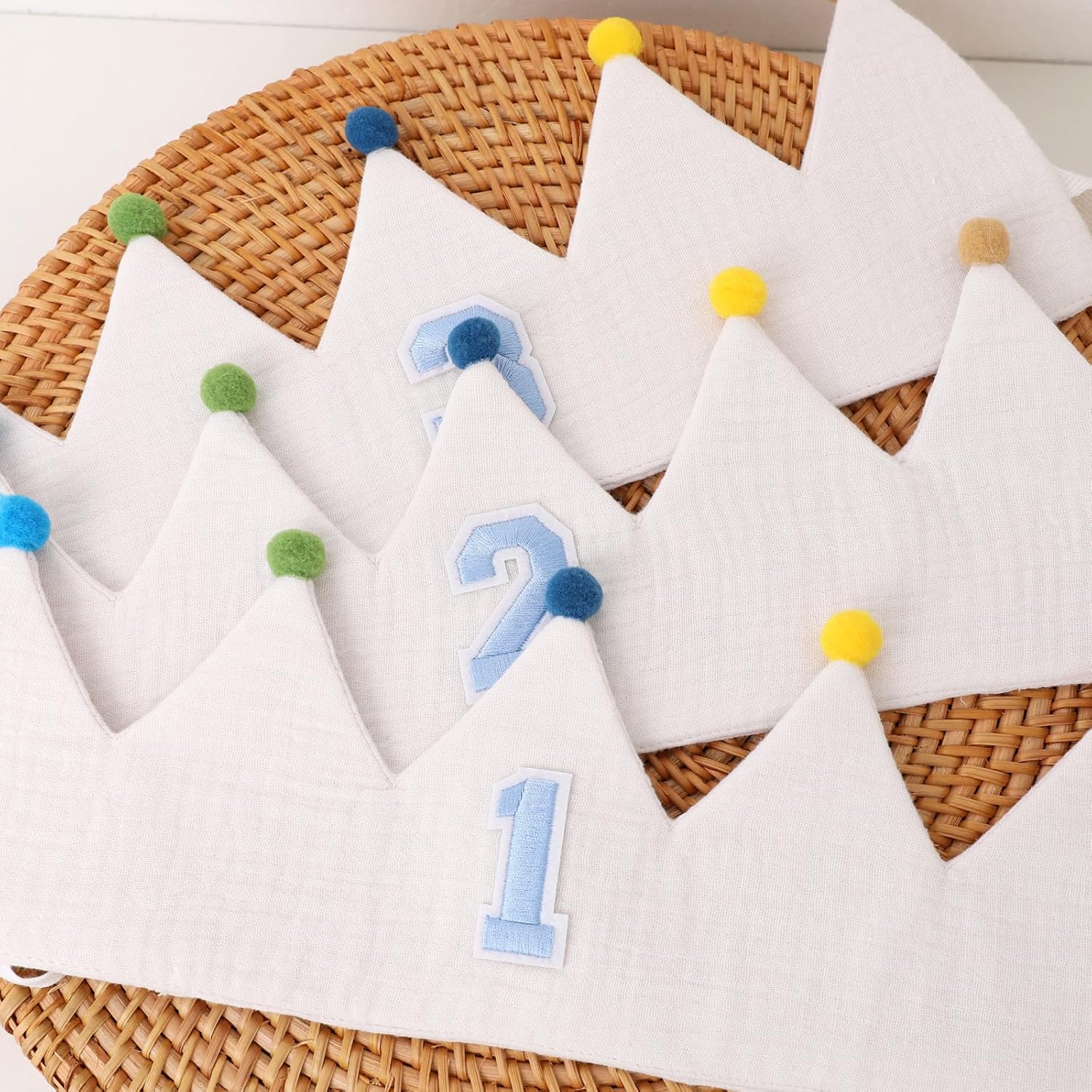 Muslin Crown Hat for Baby Boy Girl Birthday Party Decoration 1-3 Years Blue White Headband