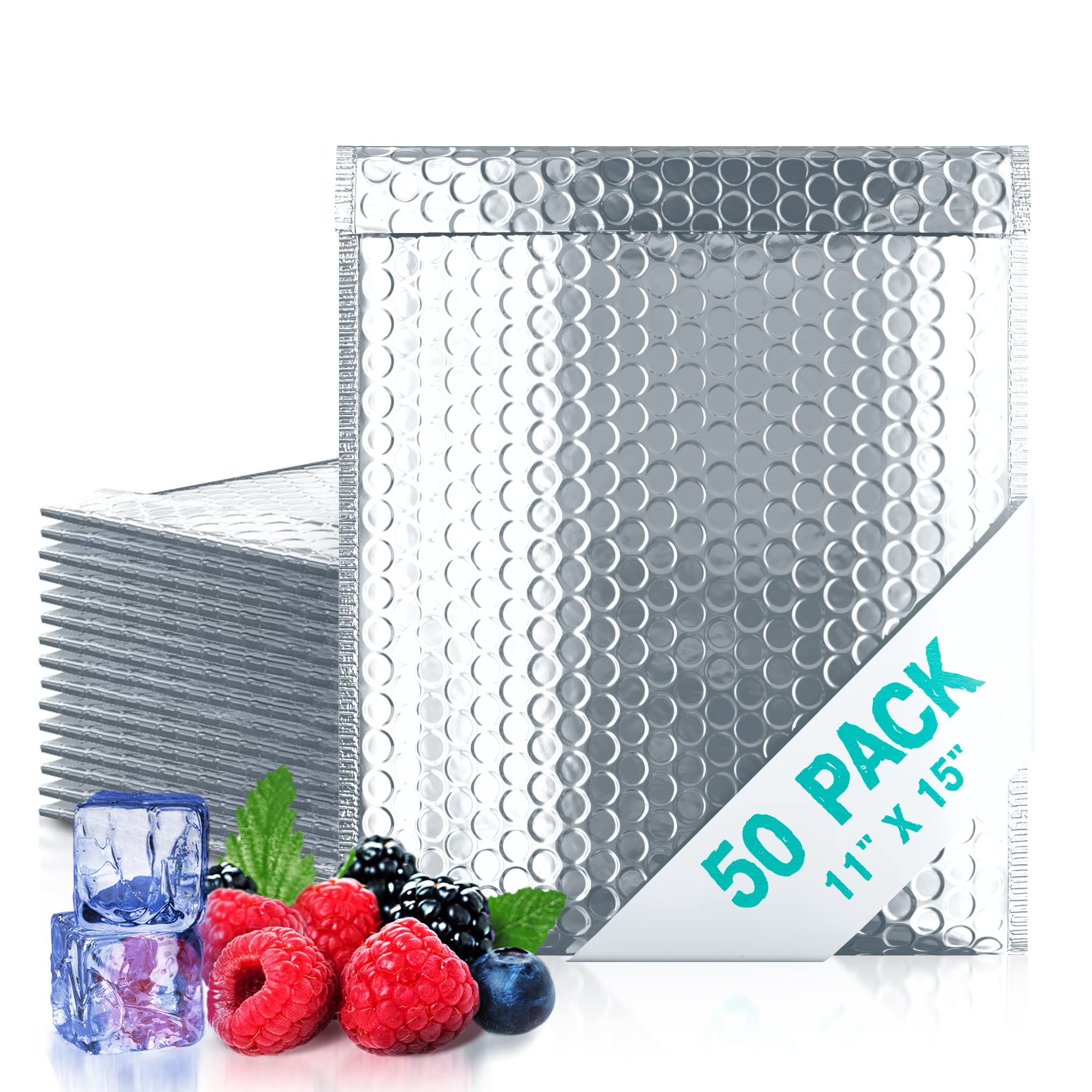 Amiff Silver Thermal Bubble Mailer, 11 x 15 Inches. 50 Pack Metallic Bubble Mailers. Self-Seal Insulated Mailers for Cold Shipping. Padded Envelopes