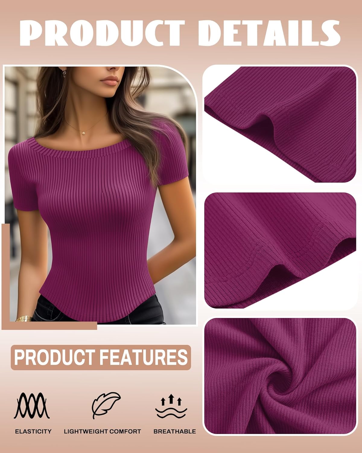 Riyiper 3 Pack Women Short Sleeve Ribbed Knit Slim Fitted T-Shirts Boat Neck Curved Hem Casual Tops Basic Tees Summer Trendy - Image 4