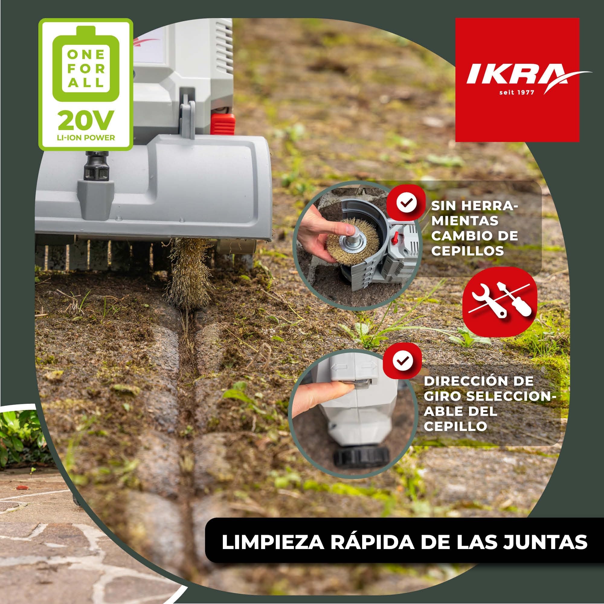 IKRA limpiador de superficies y juntas a batería Vario Brush IATR 20 | Incluye cepillo de nylon para superficies, cepillo de acero para juntas, incl. batería y cargador, gama de baterías de 20V