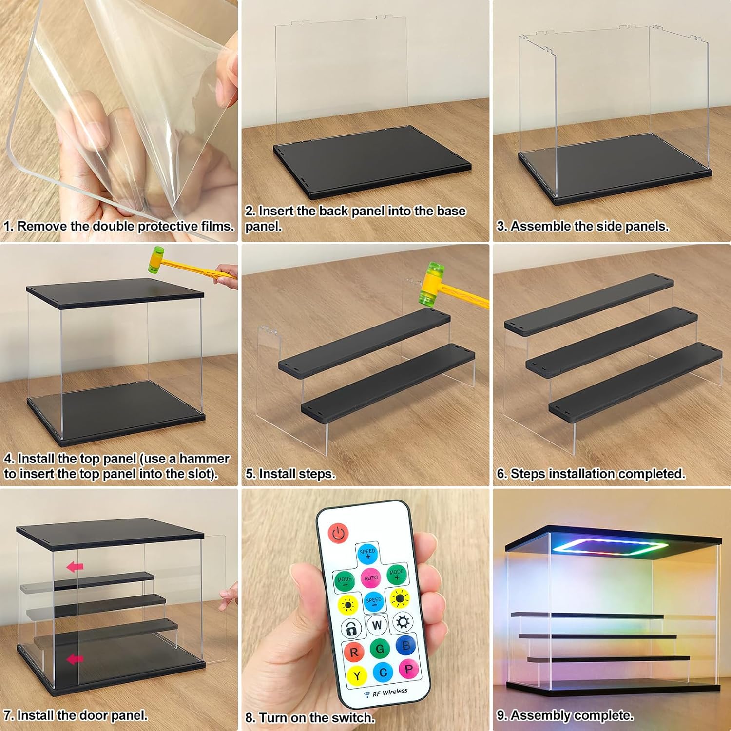 NONEMEY Clear Acrylic Display Case with Light ,3/4/5/6 Tier Multiple Color Lights via Remote Control Dustproof Display Box for Collectibles Figures Mini Toys (6 Tiers 19.6 * 12.5 * 16.5inch) black-colorful light 6 Tier L 19.6×12.5×16.5inch?50×32×42cm