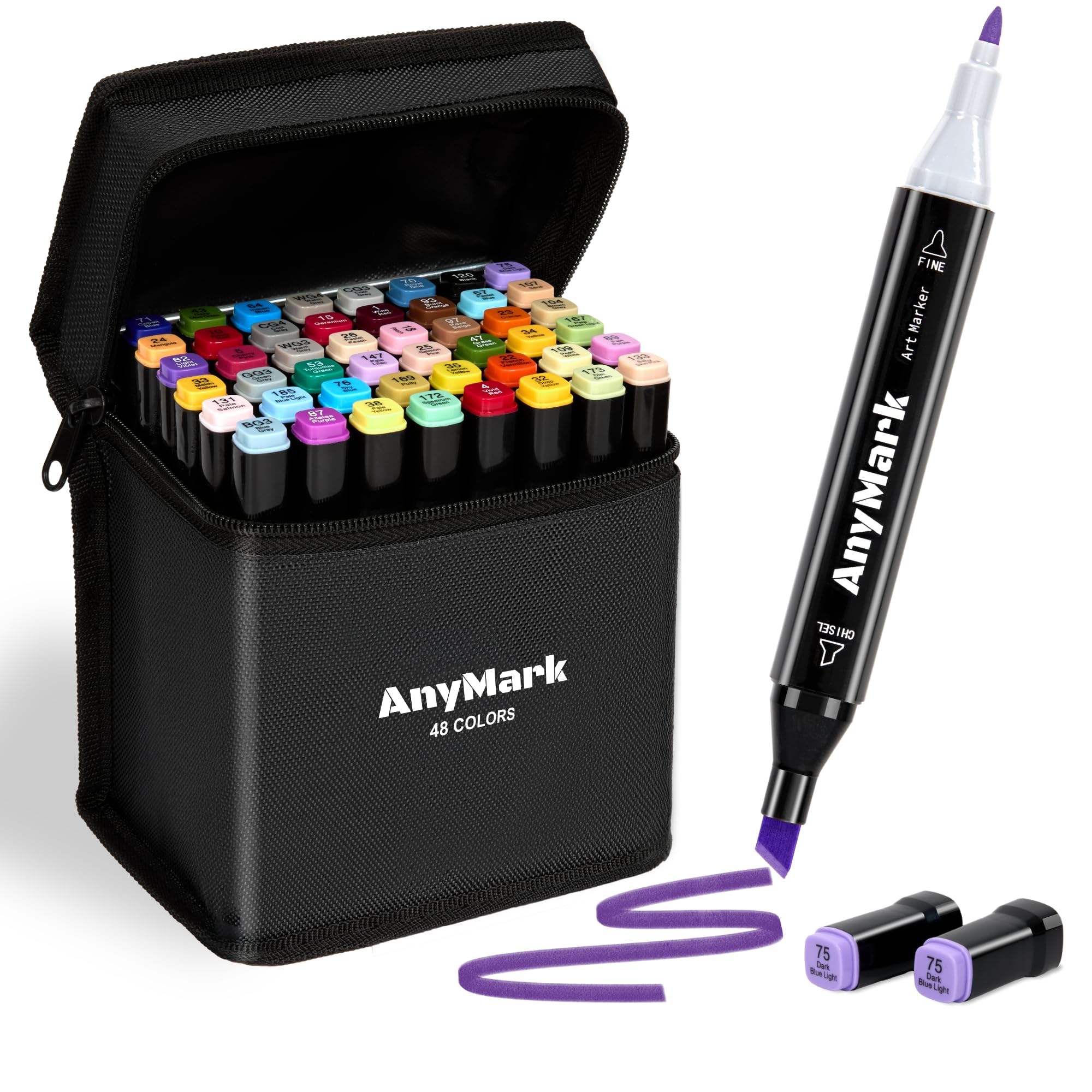 AnyMark Alcohol Markers, 48 Colors Dual Tip Art Coloring Markers Set for Kids Adult Book Drawing Sketching Painting, Chisel & Fine, Black Penholder