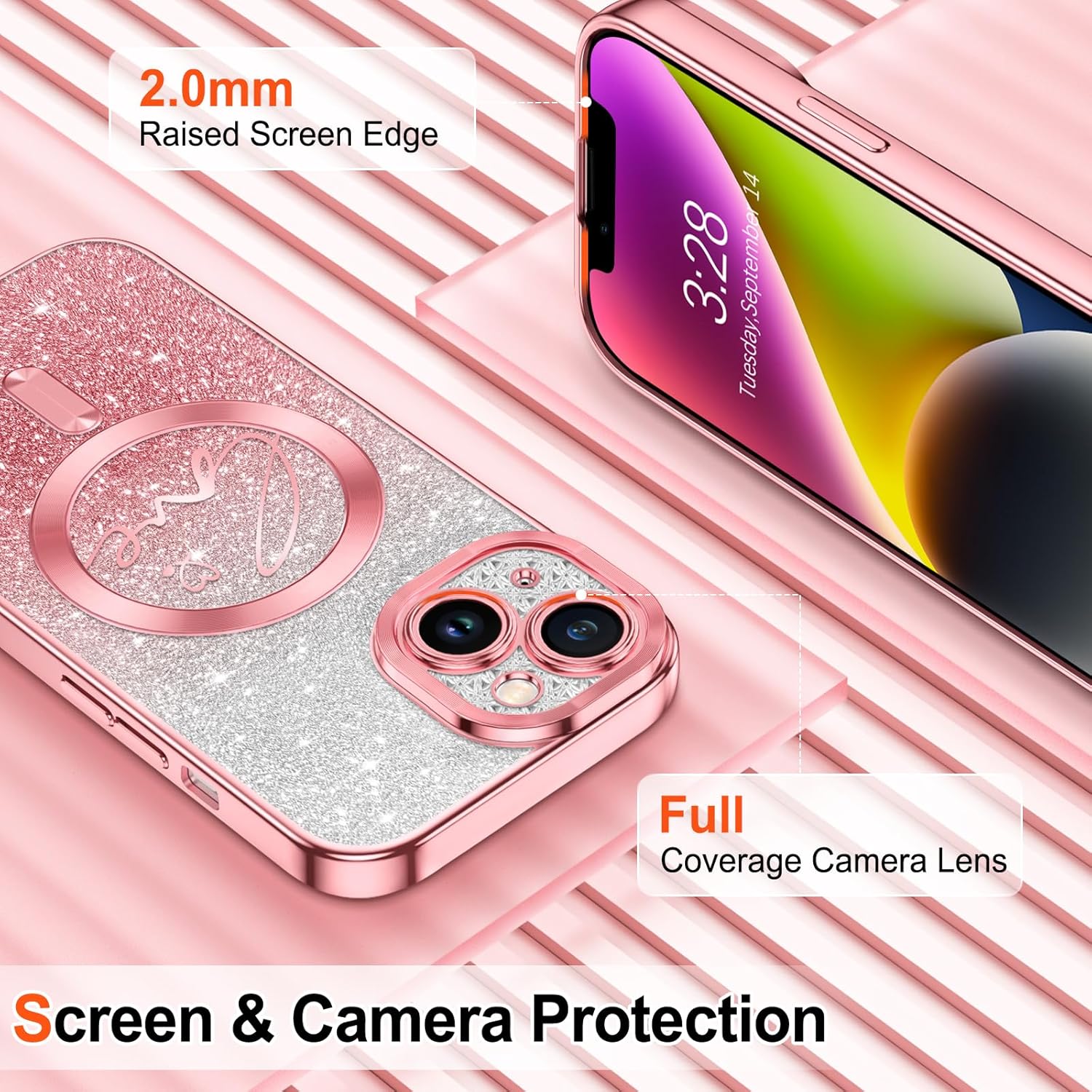 Hython for iPhone 14 Plus Case Glitter, Compatible with MagSafe Love Heart Magnetic Clear Phone Cases for Women Girls, Full Camera Protection Sparkle Plating Shockproof Protective Cover, Pink - Image 4