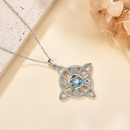 Miniatura 2 de YAFEINI Collar de nudo de brujas de plata de ley con colgante de nudo de bruja celta con cruz de concha de abulón, joyería pagana para mujeres y