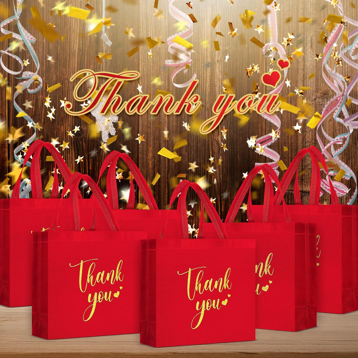 50 Pcs Thank You Gift Bags with Handles Bulk Thank You Reusable Non Woven Bags Bridesmaid Souvenir Handbags for Valentine's Day Wedding Easter Graduation(11 x 12 x 5 Inch,Red) - Image 7