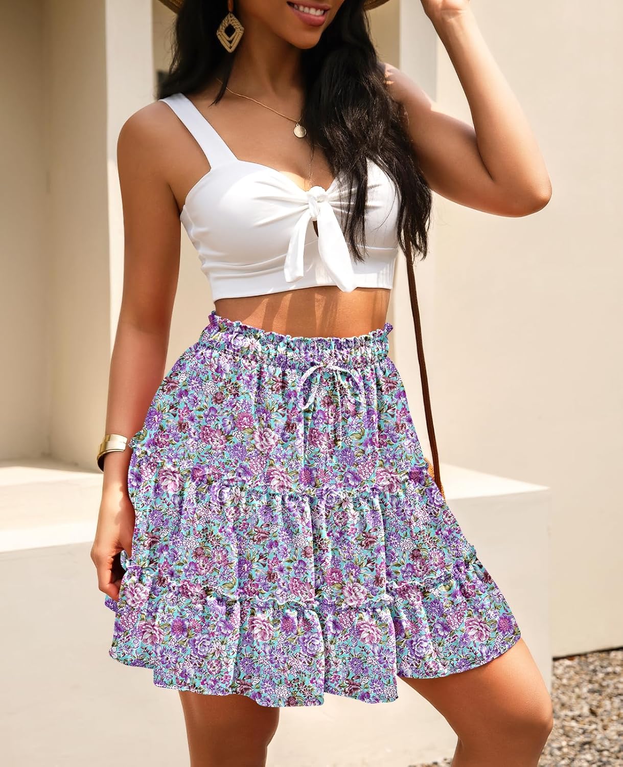 NASHALYLY Women's Summer Boho Floral Print Mini Skirt High Waist Drawstring Tiered Skirts - Image 4