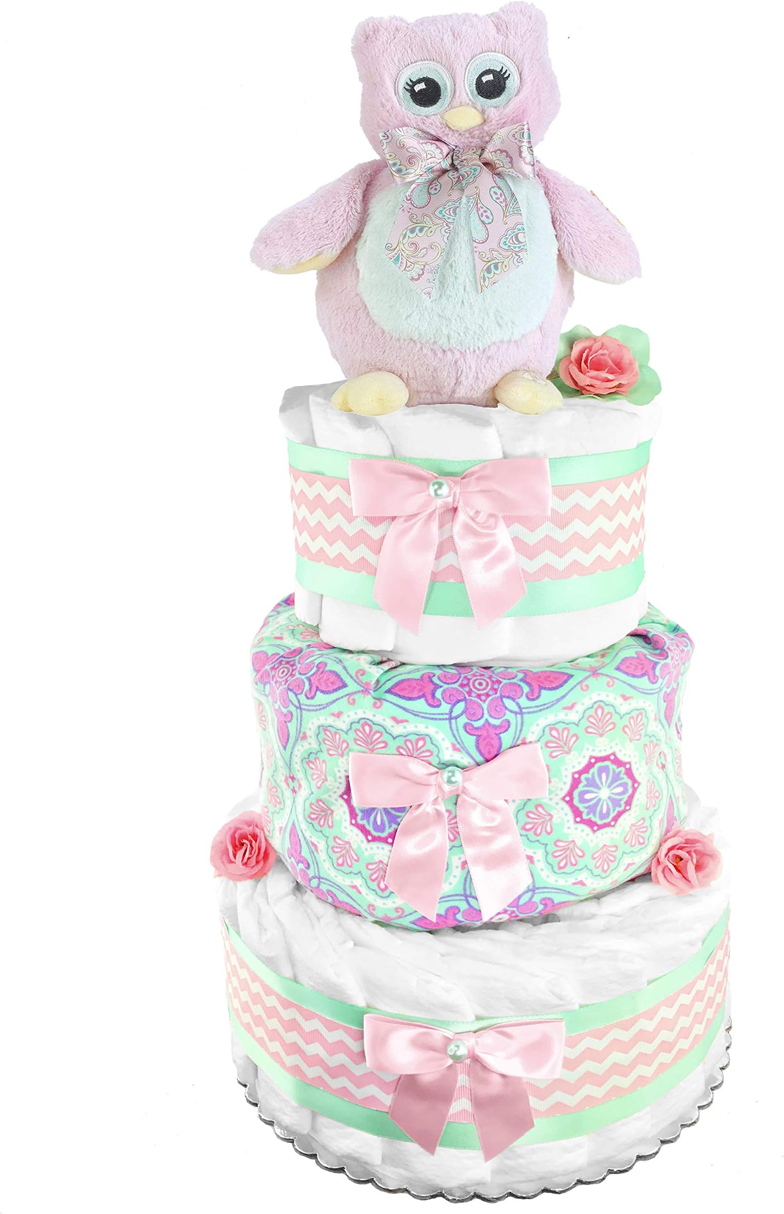 Owl 3-Tier Diaper Cake - Girl Baby Shower Gift - Newborn Gift - Mint and Pink