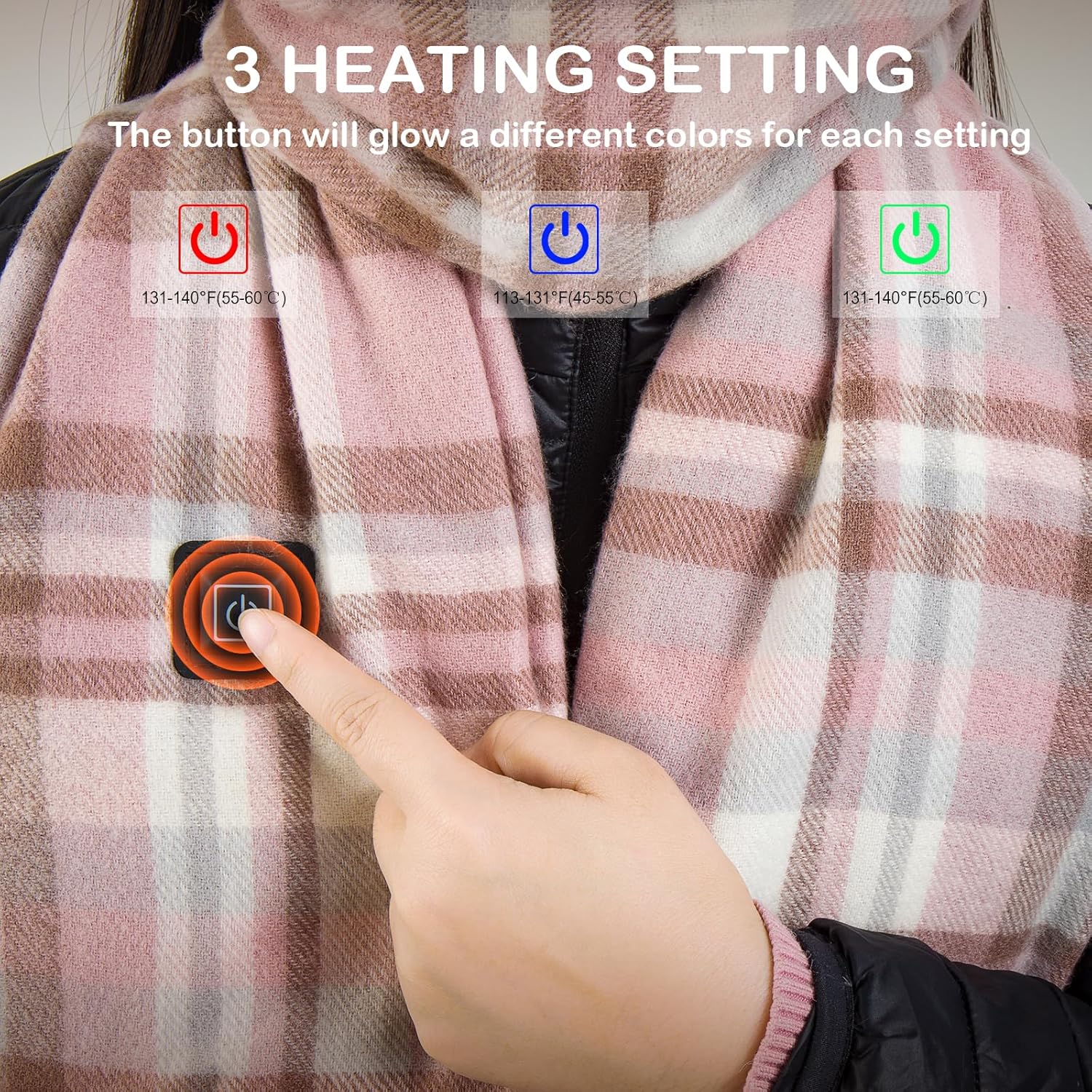 EN'DA professional Heated Scarf for Women, Rechargeable Neck Warmer with Battery for Winter Cold Weather, Pink Plaid - Image 2