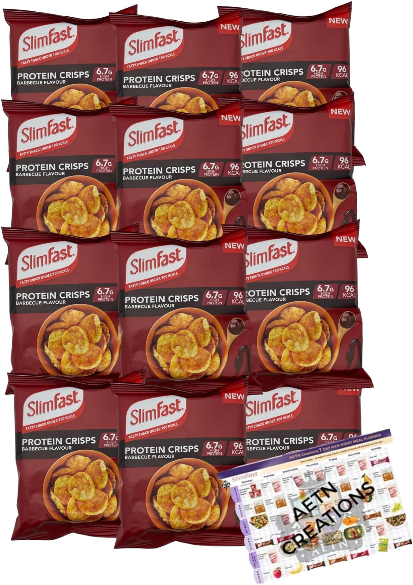 AETN CreationsSlim Fast Protein Crisps, 12 Packs, BBQ Flavour, High Protein Snack, with AETN Meal Planner
