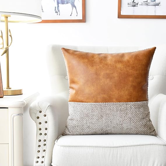 CaliTime Throw Pillow Covers Pack of 2 Soft Faux Leather Solid Dyed Cross Chenille Cushion Cases for Couch Sofa Home Decoration 18 X 18 Inches Taupe