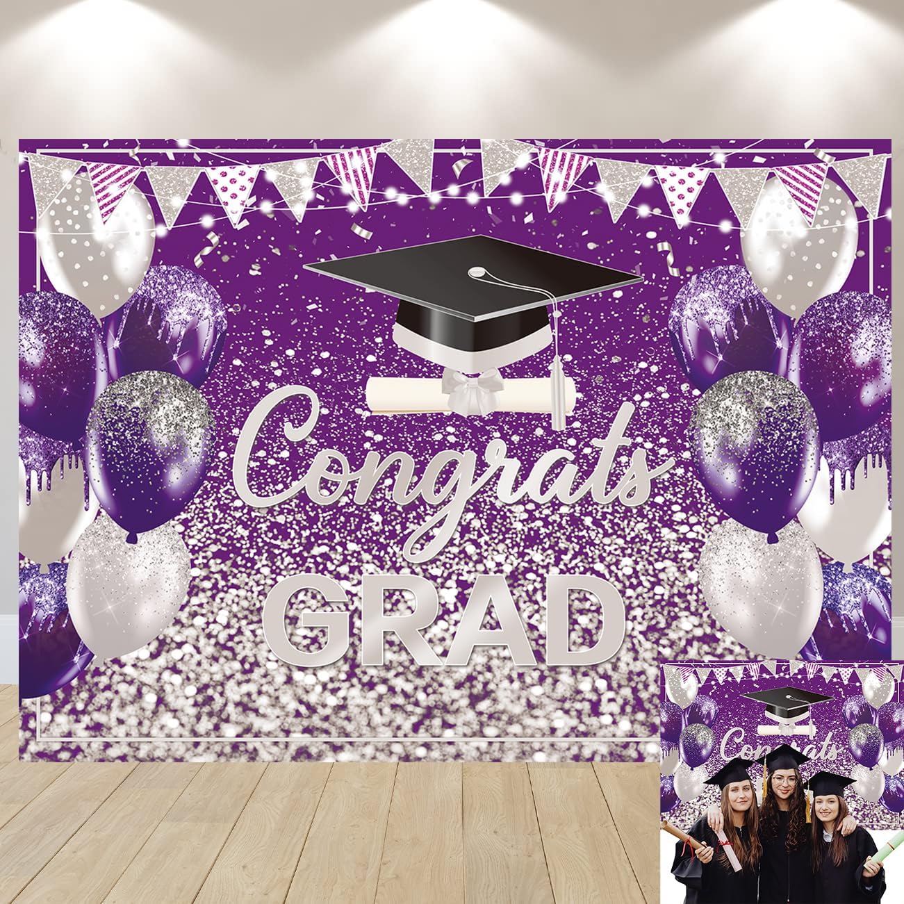 2026 Graduation Backdrop Purple Silver Congrats Grad Bachelor Cap Balloon Prom Send Off Photography Background School Celebration Class of 2026 Party Decor Banner Photo Props (Purple Silver, 10x8FT)