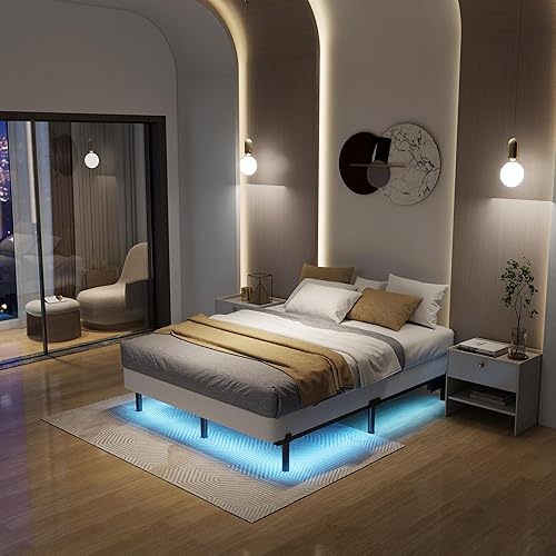 Base de cama de tamaño matrimonial con luces LED, plataforma de 7 pulgadas, base de cama gruesa para somier y bases de colchón, longitud ajustable,