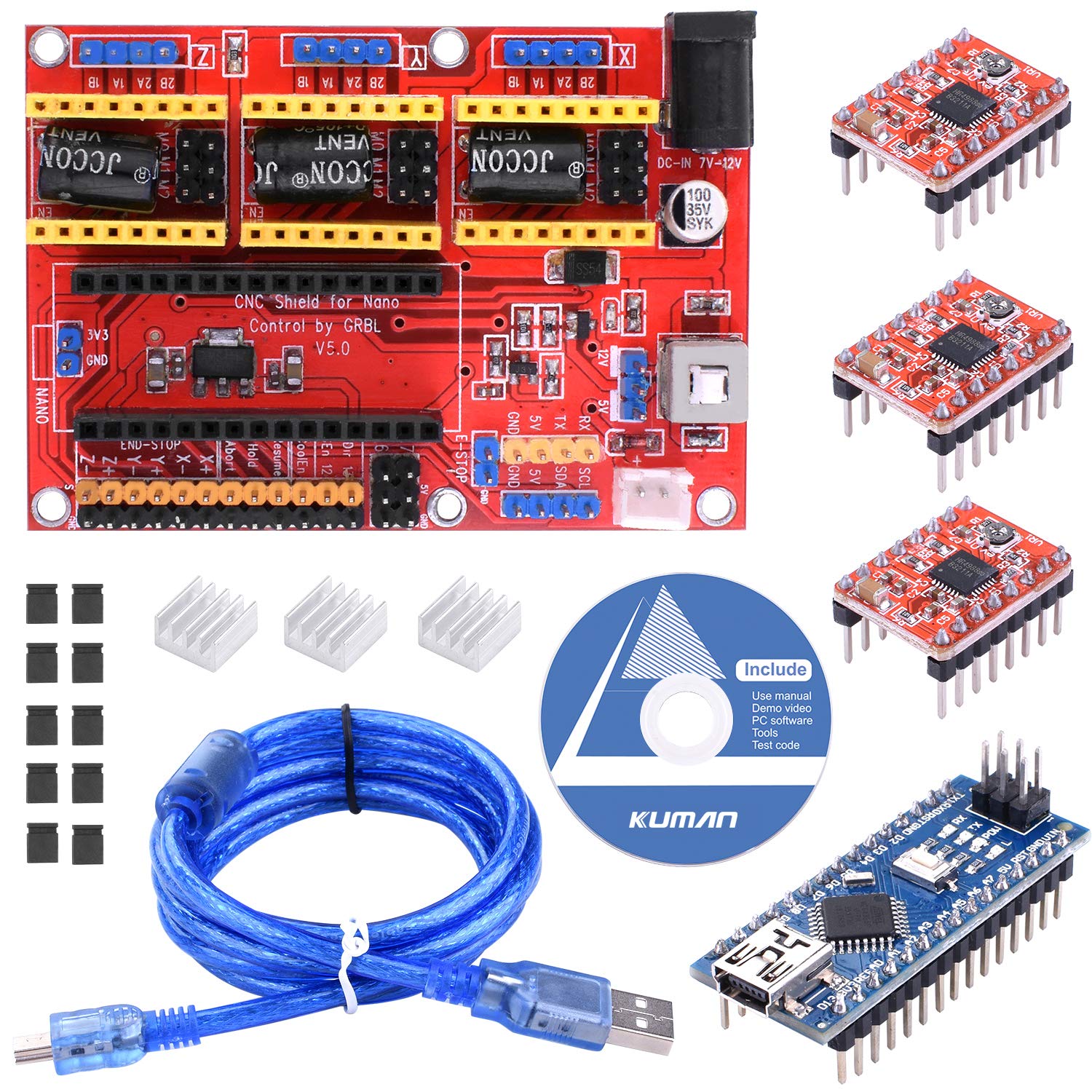 Kuman for Arduino 3D Printer CNC Shield Expansion Board V5.0 + for Arduino Board + A4988 Motor Drivers + Heat Sink for Arduino 3D Printer BS015