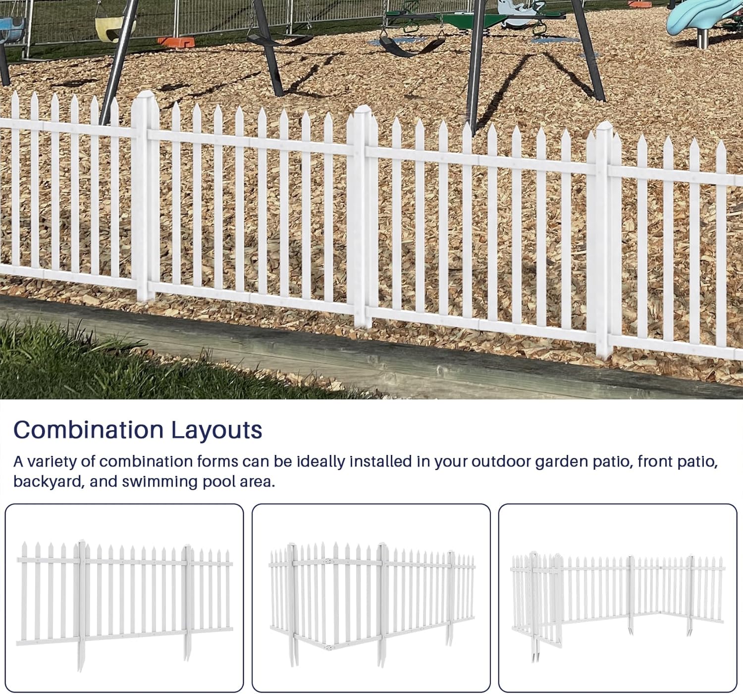 Windscreen4less 3 Sets 84" W x 30" H Vinyl Picket Fence Panels with Ground Spike Decorative PVC Barrier Fencing for Porch Patio Front Door Yard Garden Pool with 20 Pickets (Straight)