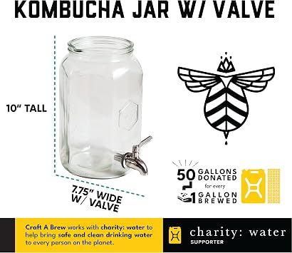 Craft A Brew - Kombucha Jar with Dispensing Valve - For Kombucha Fermentation - Includes Custom Cloth Cover- Proprietary Design
