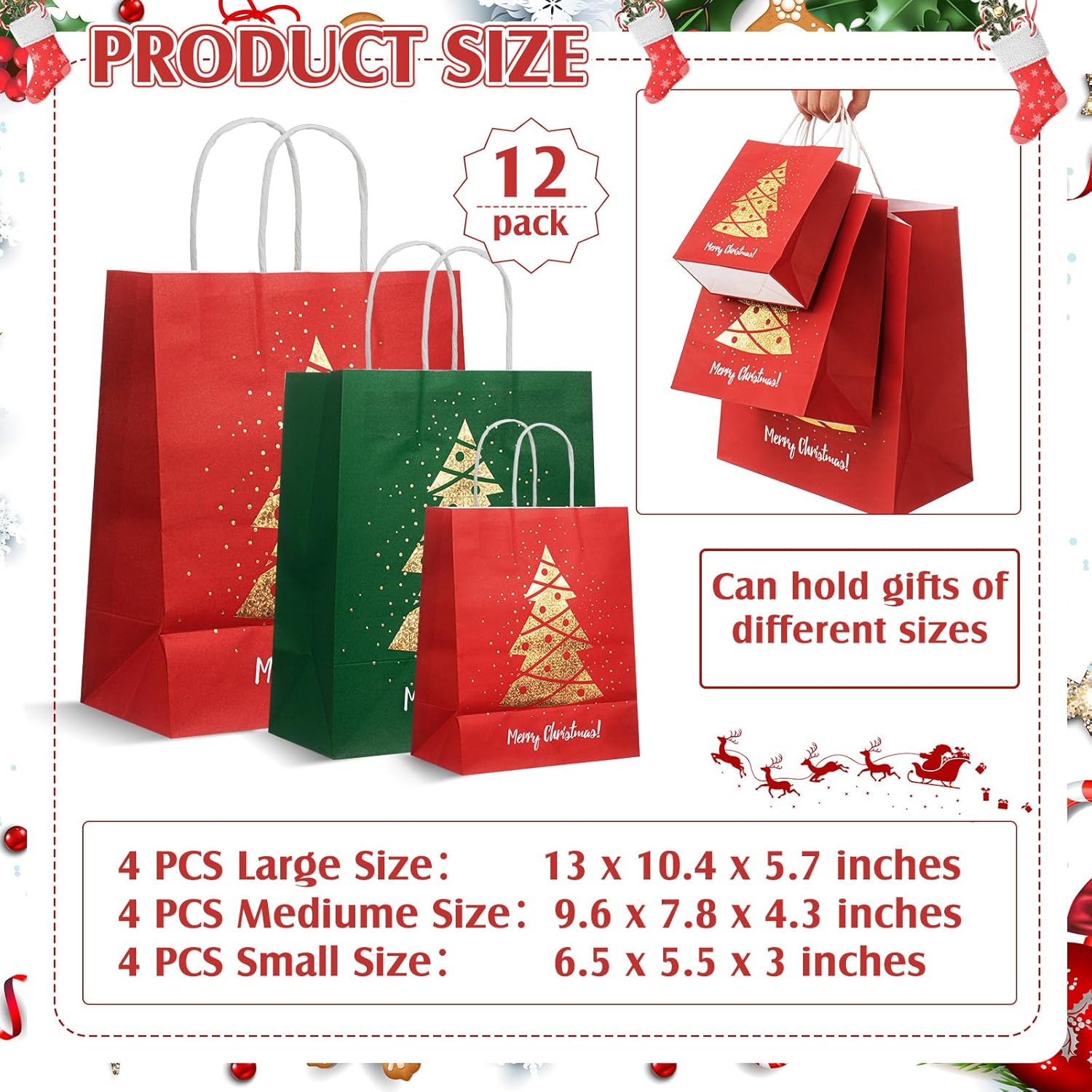 Humyoun 12 Pack Christmas Gift Bags Assorted Sizes with Tissue Paper Red Green Gift Bags with Golden Spot Gloss Xmas Tree (4 Small 6.5" 4 Medium 9.6" 4 Large 13") for Christmas Gifts Wrapping