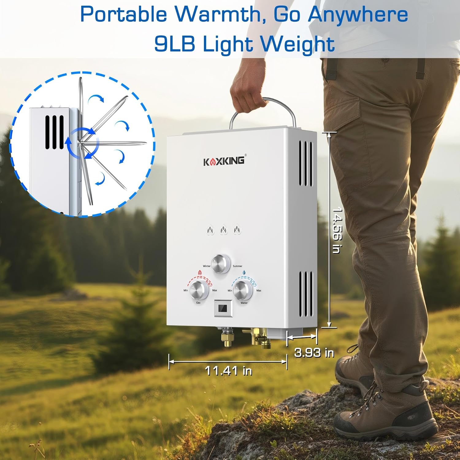 Tankless Water Heater 6L, KOXKING 1.58 GPM Portable Propane Hot Water Heater with Handle & Overheating Protection, Outdoor Instant Hot Shower for Camping & RV – White