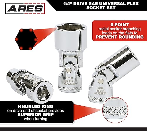 Miniatura 3 de ARES 39014 - Juego de dados flexibles universales SAE de 7 piezas con impulsor de 14 de pulgada - Dados de 6 puntos de 316 de pulgada a 916 de