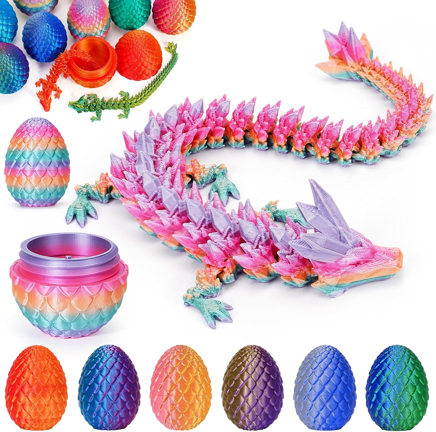 3D Printed Dragon Egg with Articulated Crystal Dragon Inside -Surprise Dinosaur Egg Fidget Toys for Kids 8-12 5-7 4-6, Unique Prefilled Easter Basket Stuffers for Kids Teens(Candy Color)
