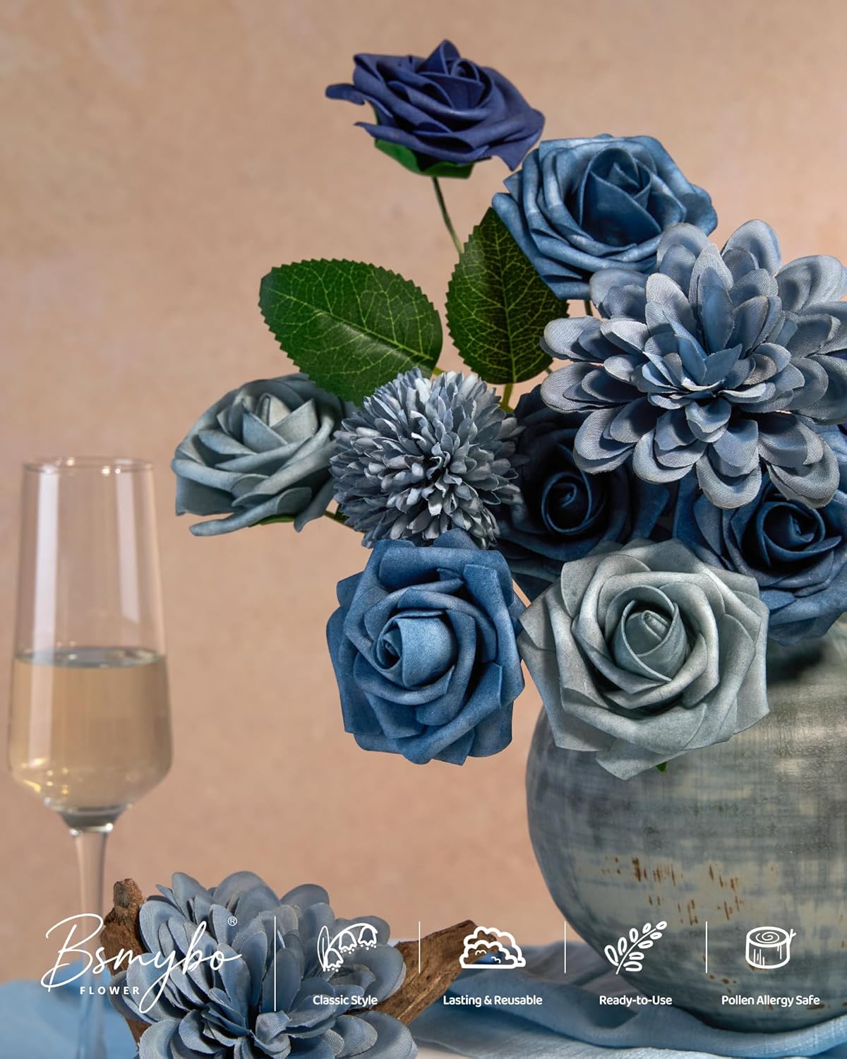 Dusty Blue Flower Artificial Roses Faux Flowers with Stems Mix Fake Roses Dahlia Chrysanthemum Ball for Wedding Bridal Bouquets, Table Centerpieces, Baby Shower, Party, Home Decorations