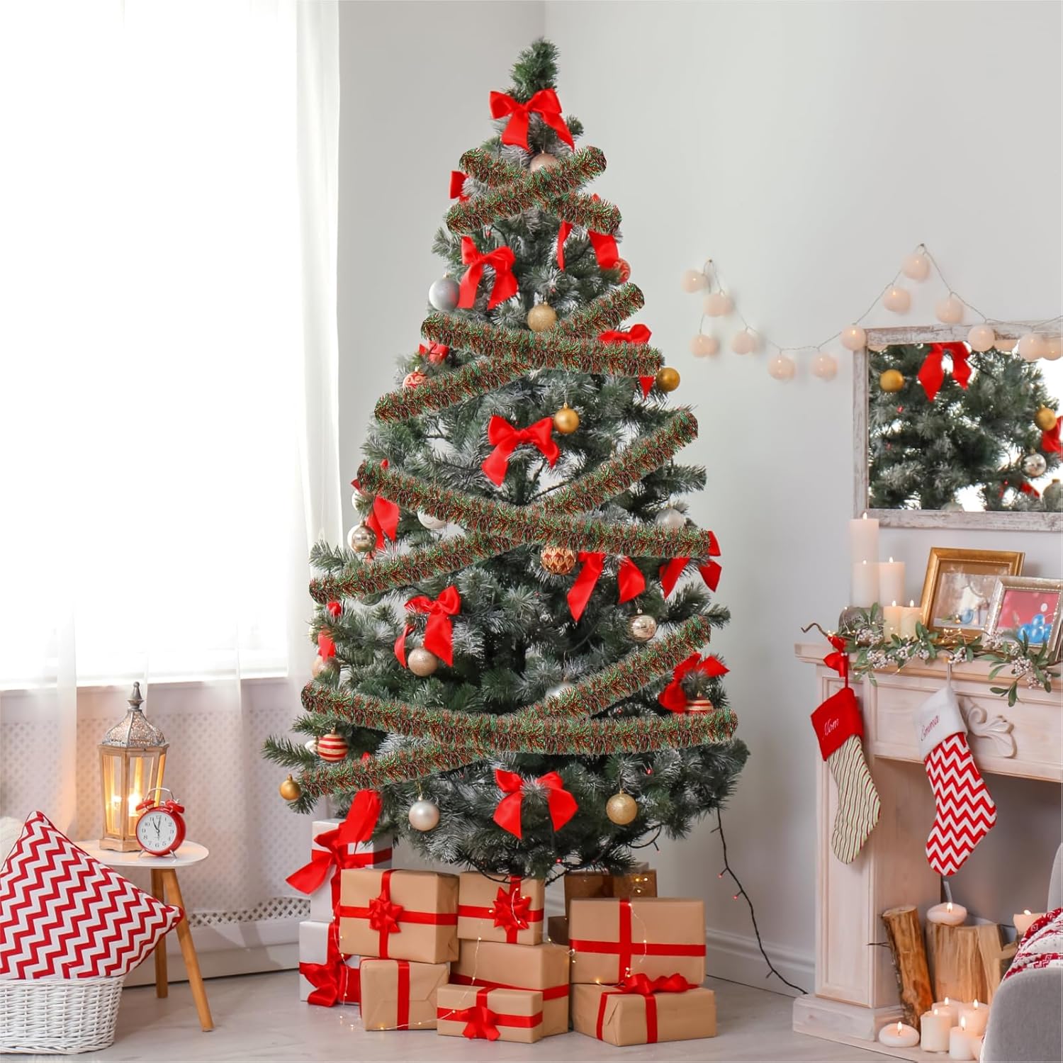 50 Feet Green Red Christmas Metallic Tinsel Twist Hanging Garland for Home Mantle Xmas Tree Staircase Railing New Year Holiday Party Indoor Outdoor Decorations - Image 7