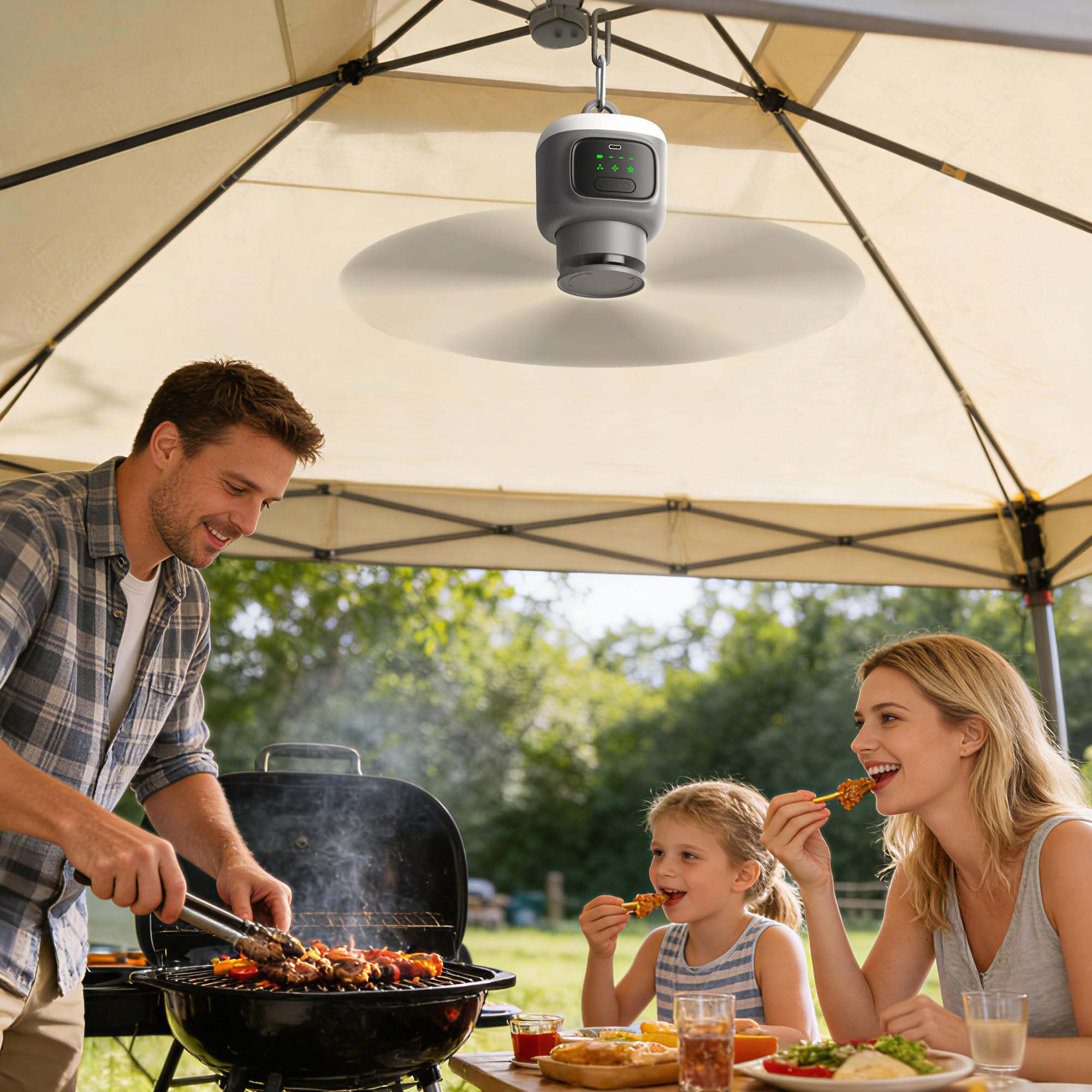 VVU&CCO Kabelloser Outdoor Deckenventilator mit Fernbedienung, 12000mAh Akku Deckenventilator mit Licht,4 Geschwindigkeitsstufen, Timer für Outdoor Zelt Terrasse Pavillon Veranda und Wohnmobil