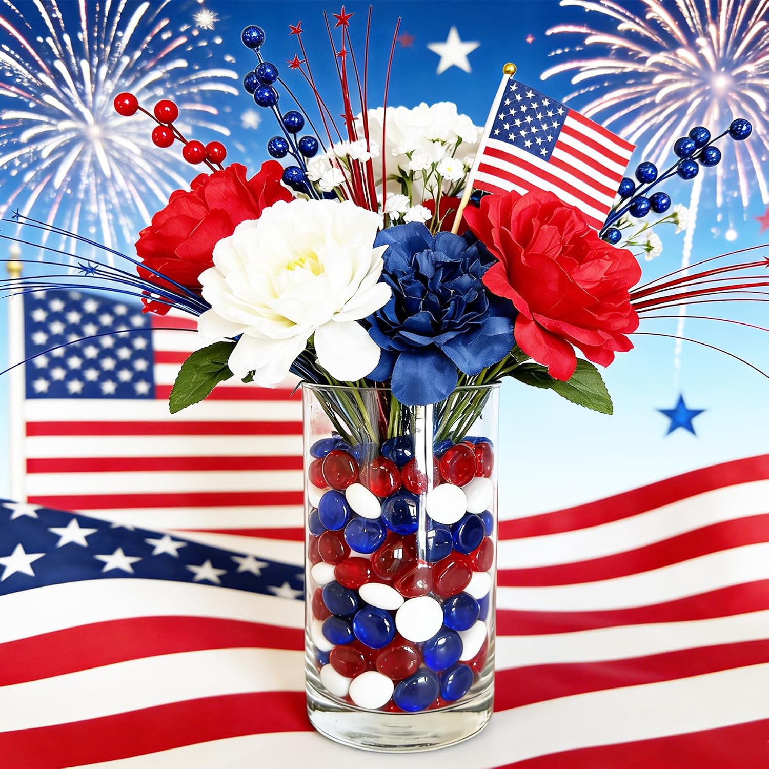 150 Pieces Red Blue White Glass Gemstone Beads Patriotic Vase Fillers Stone Independence Day Bowl Filler Gems Flat Marble Beads Glass Gem Pebbles for Home Decoration (Red Bule and White)