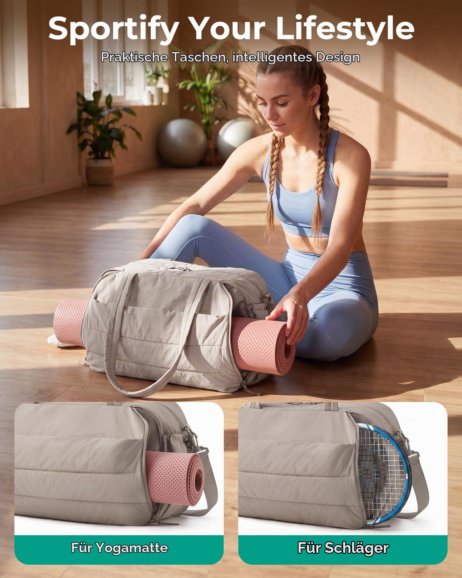 BAGSMART 2 Set Sporttasche Damen, Yogatasche mit Flaschenhalter, Kamel