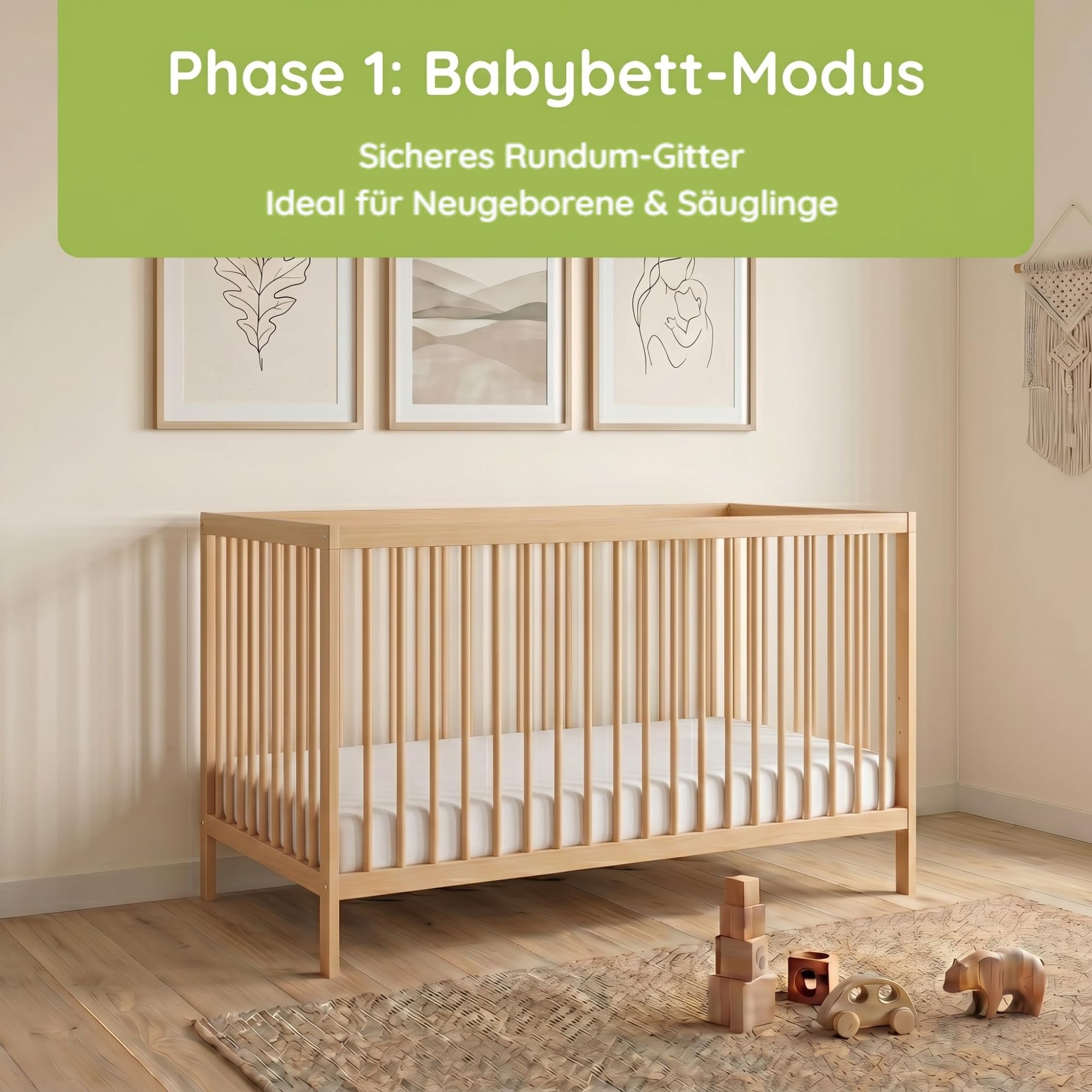 Kids Collective Babybett Kinderbett Gitterbett mit Rausfallschutz Baby Bett | stabiles Buchenholz | Juniorbett | Made in Europe | Kinderzimmer Jugendzimmer Möbel | 70x140 cm | Natur