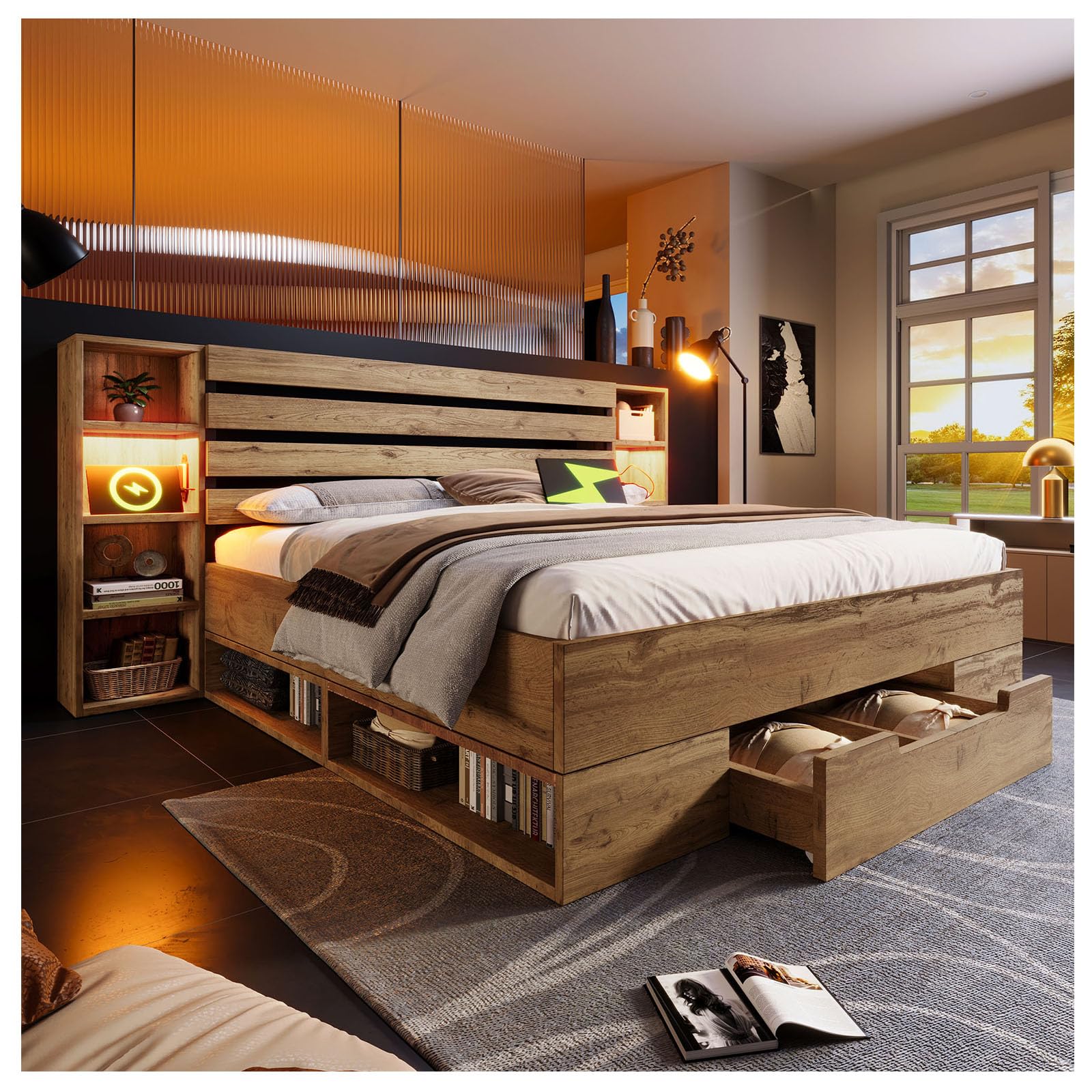 Lit double en bois massif 180 x 200 cm, espace de rangement, avec éclairage LED et espace de rangement USB C, tête de lit et tiroirs, cadre de lit en bois, chêne (sans matelas)