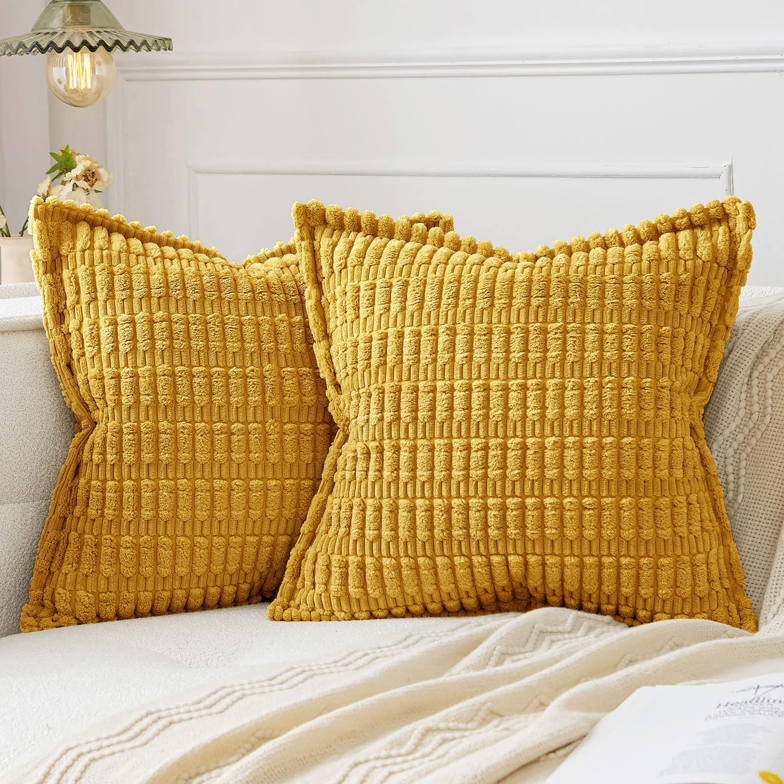 MIULEE Mustard Yellow Corduroy Decorative Throw Pillow Covers Pack of 2 Soft Striped Pillows Pillowcases with Broad Edge Modern Boho Home Decor for Couch Sofa Bed 20x20 Inch