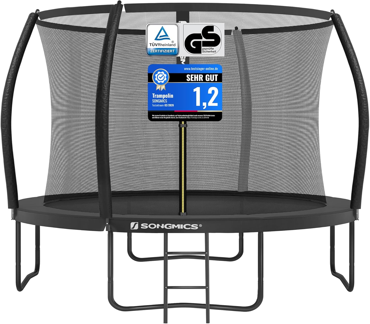 SONGMICS Trampolin Outdoor Ø 244/305/366/427 cm, rundes Gartentrampolin Kindertrampolin mit Sicherheitsnetz, Randabdeckung, Leiter und gepolsterten Stangen