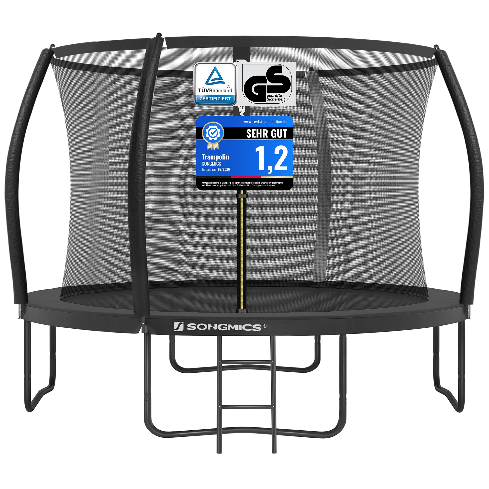 SONGMICS Trampolin 305 cm d, Gartentrampolin für Kinder mit Sicherheitsnetz, 180 cm hohe Gebogene Stangen, Randabdeckung, Leiter, Stahlrahmen, schwarz STR102B01