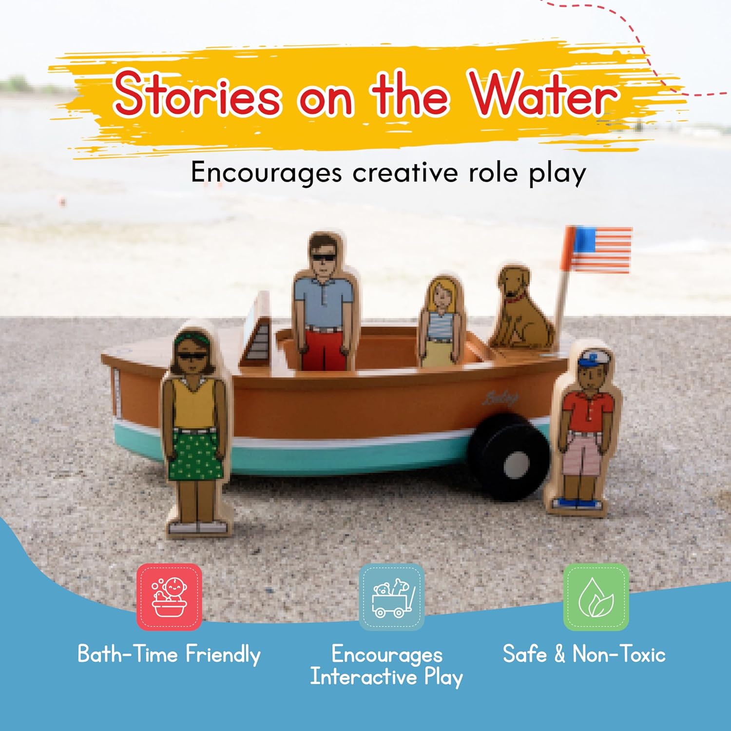 Jack Rabbit Creations Magnetic Vintage Lake Boat Wooden Playset, 6-Piece Family & Dog, Heavy-Duty Magnets Stay Put, FSC Bamboo Wood, Imaginative Pretend Play, Gift Boxed, Ages 3+