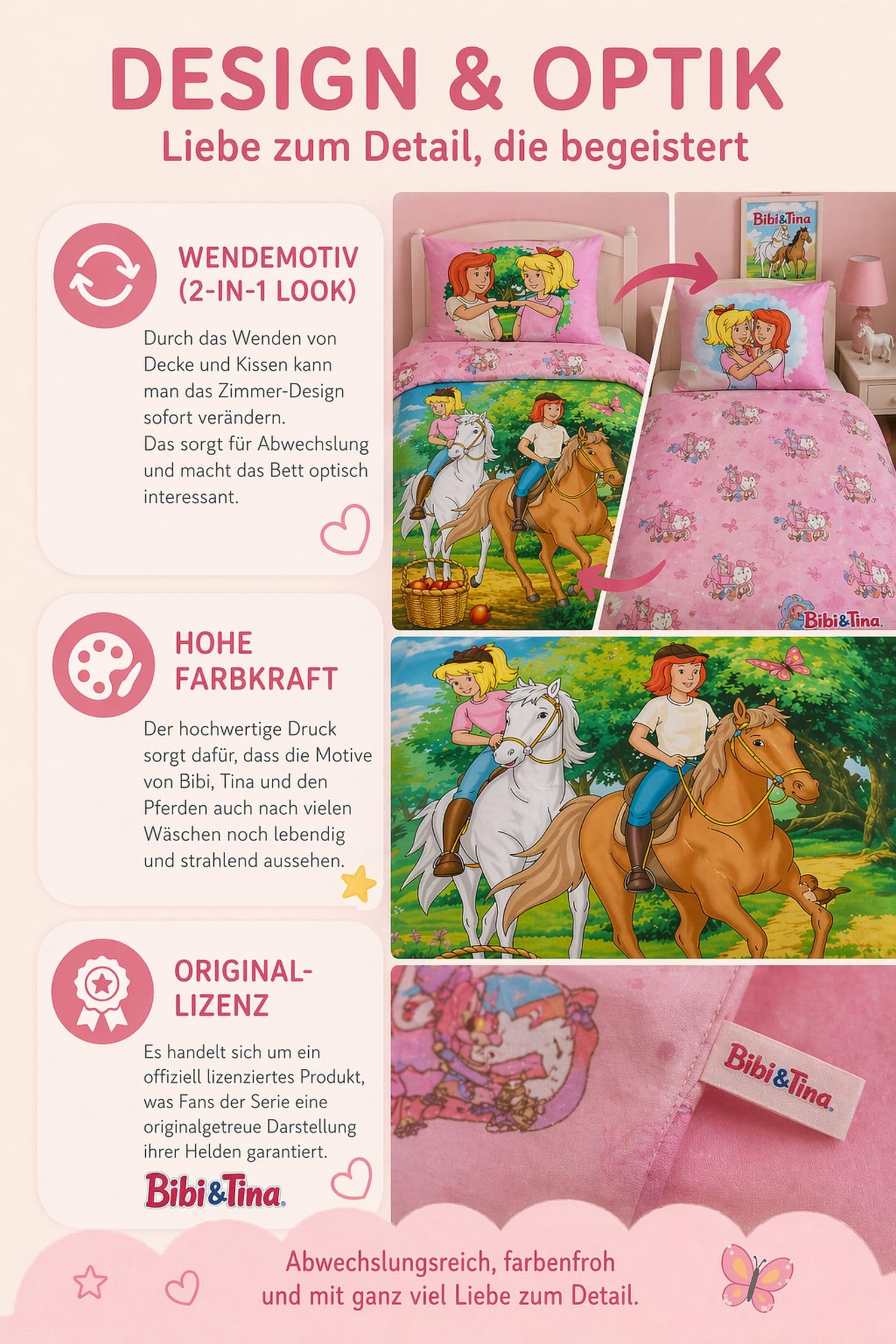 Bibi und Tina Bettwäsche 135x200 cm für Mädchen - 2-teiliges Set aus 100% Baumwolle inkl. Kissenbezug 80x80 cm - Pferdebettwäsche mit gratis Stoffbeutel - Wendemotiv