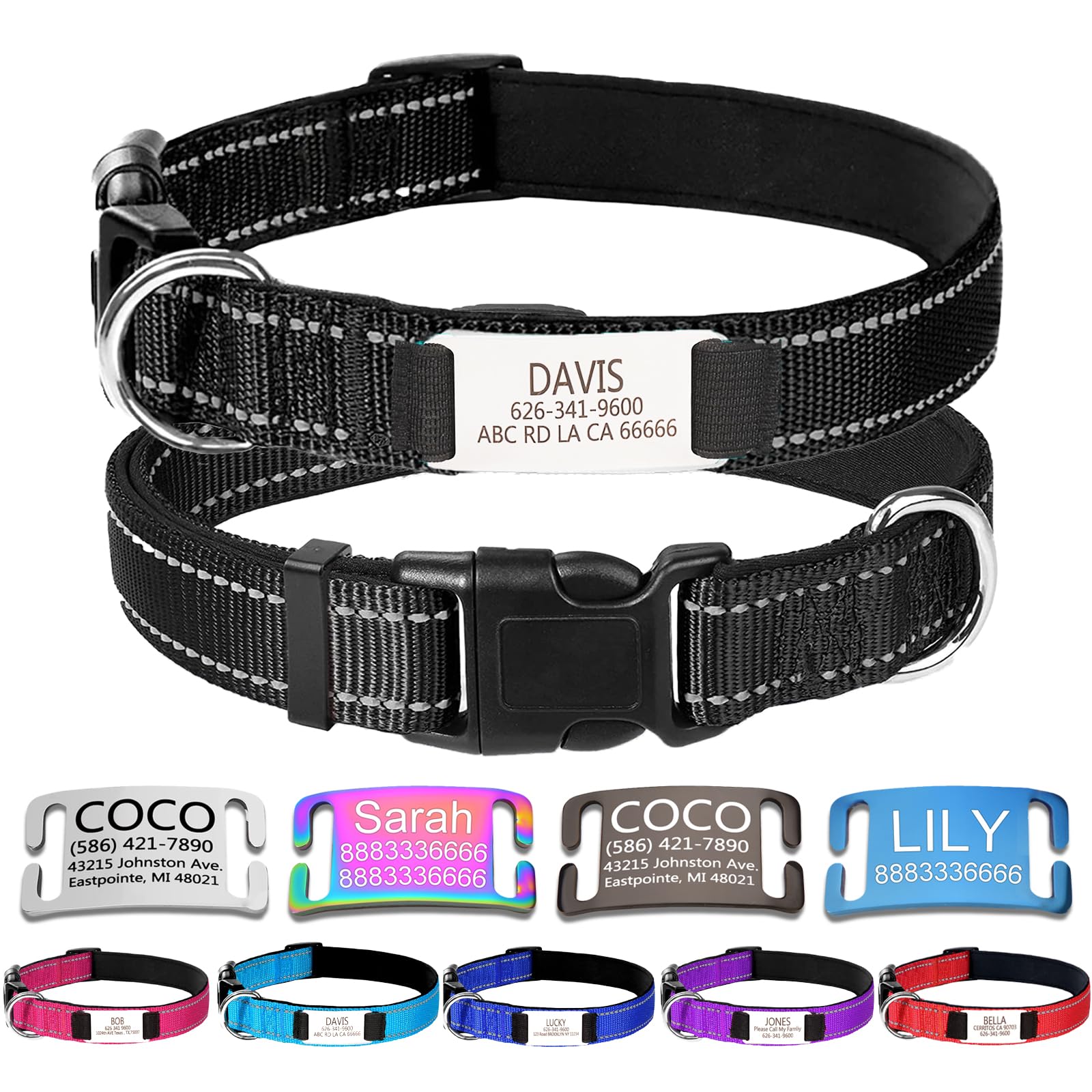 Personalized Dog Collars,Dog Collar with Engraved Name Plate ID Tags,Custom Reflective Adjustable Nylon Collar,Pet Collar for Small Medium Large Dogs,